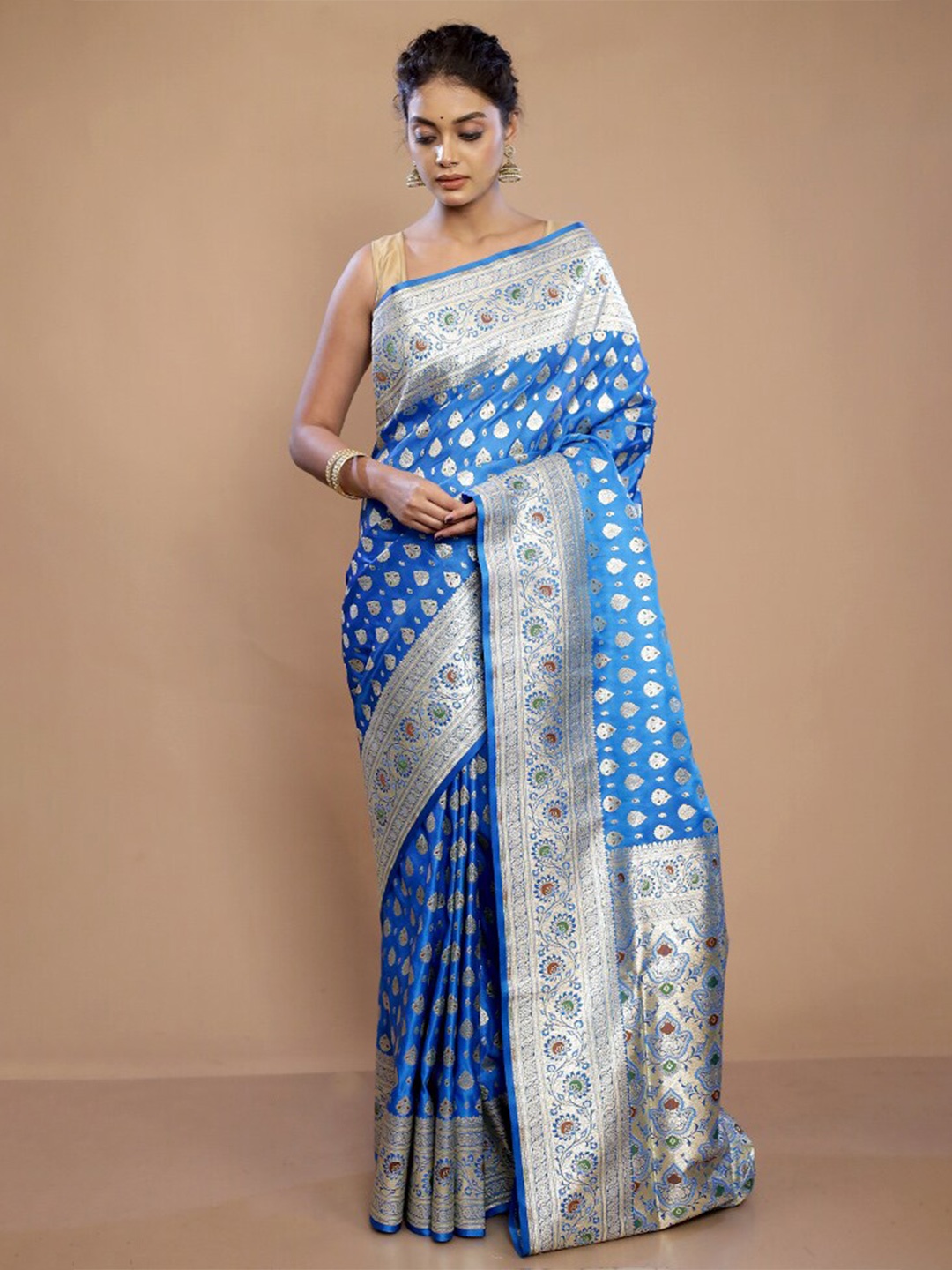

AllSilks Ethnic Motifs Woven Design Zari Pure Silk Banarasi Saree, Blue