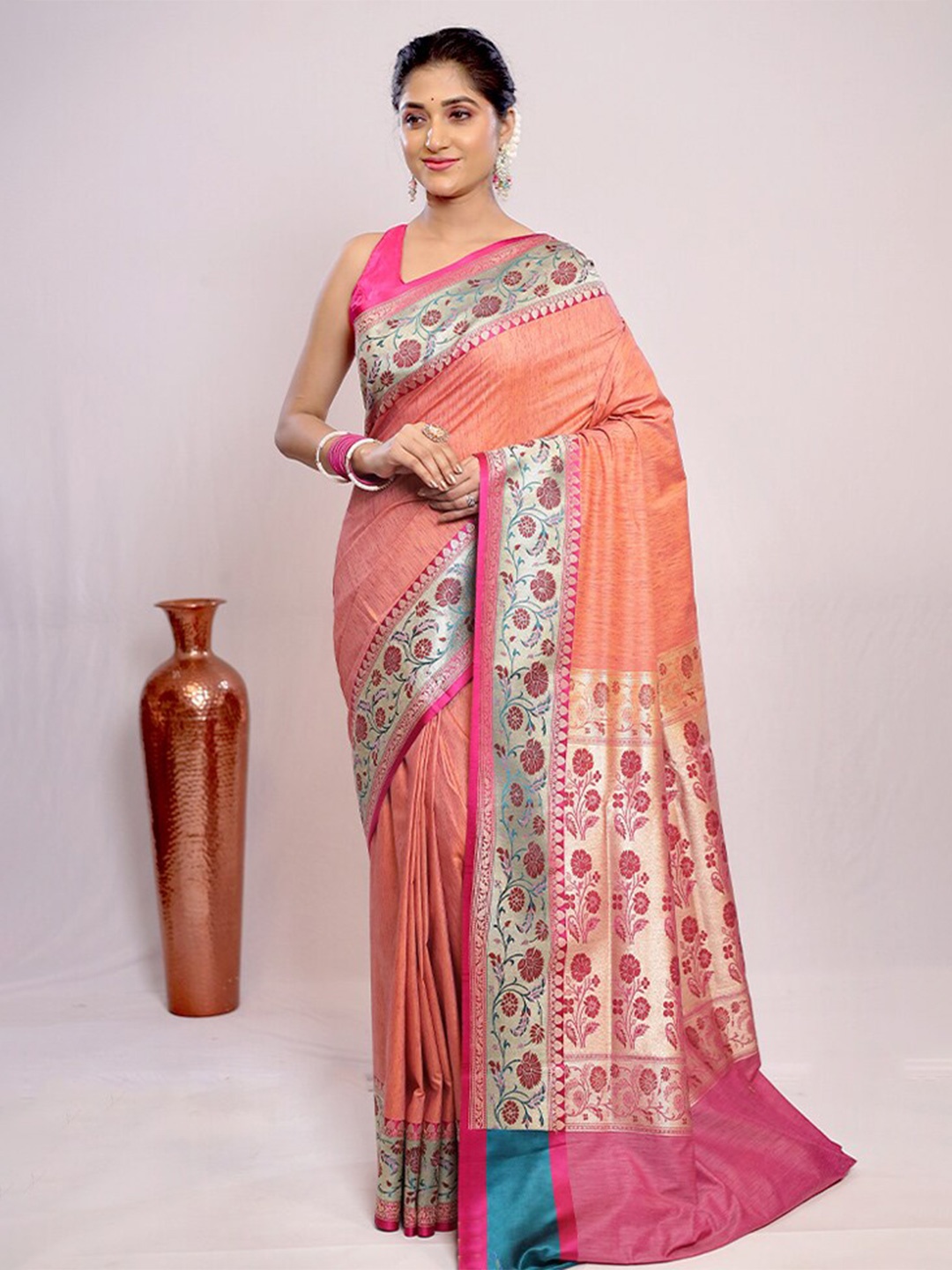 

AllSilks Floral Woven Design Zari Pure Silk Uppada Saree, Orange