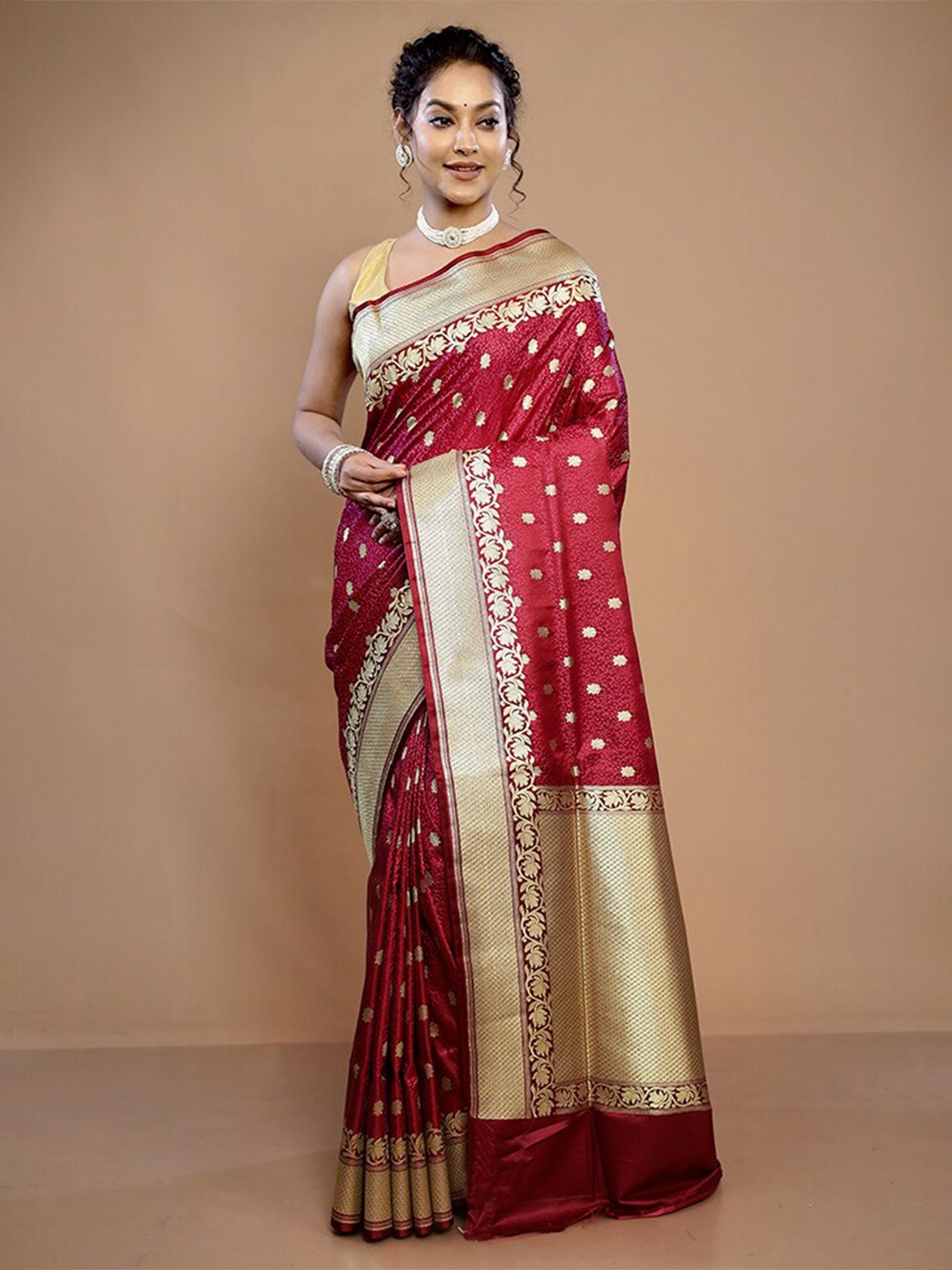 

AllSilks Ethnic Motifs Woven Design Zari Pure Silk Banarasi Saree, Pink