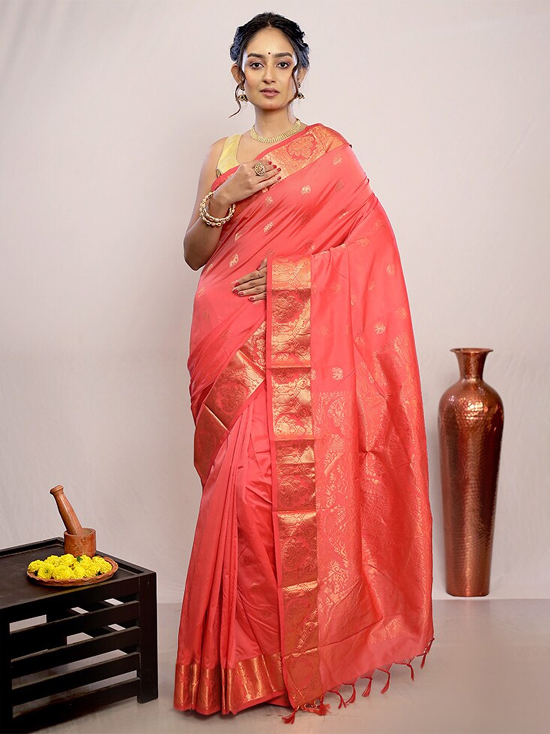 

AllSilks Ethnic Motifs Woven Design Zari Pure Silk Kanjeevaram Saree, Pink