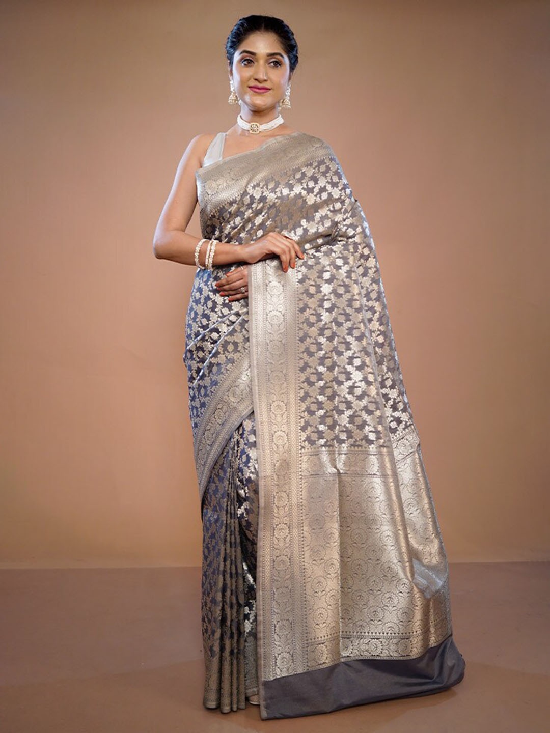 

AllSilks Woven Design Zari Pure Silk Uppada Saree, Grey