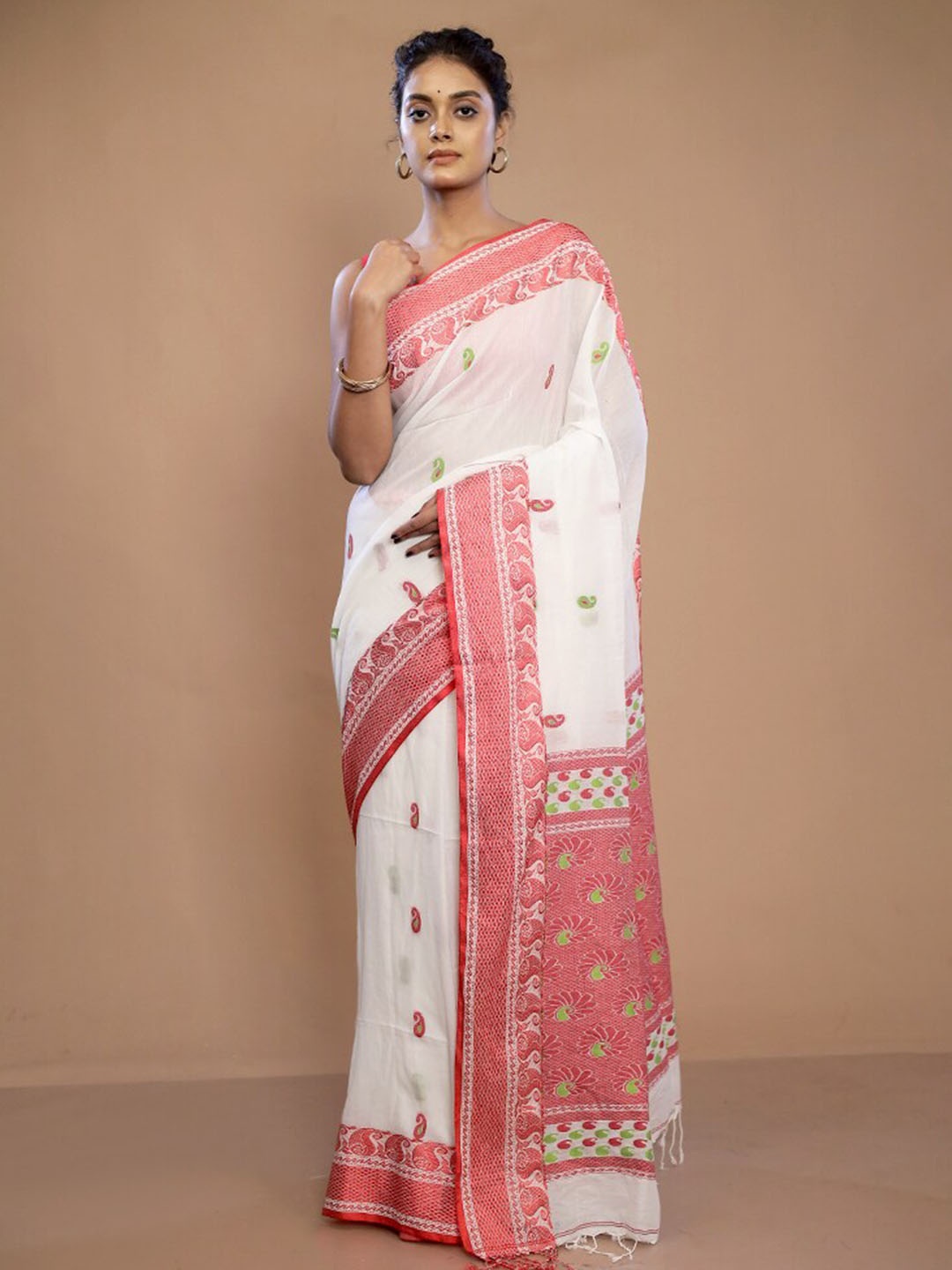 

AllSilks Paisley Woven Design Matka Pure Silk Saree, White