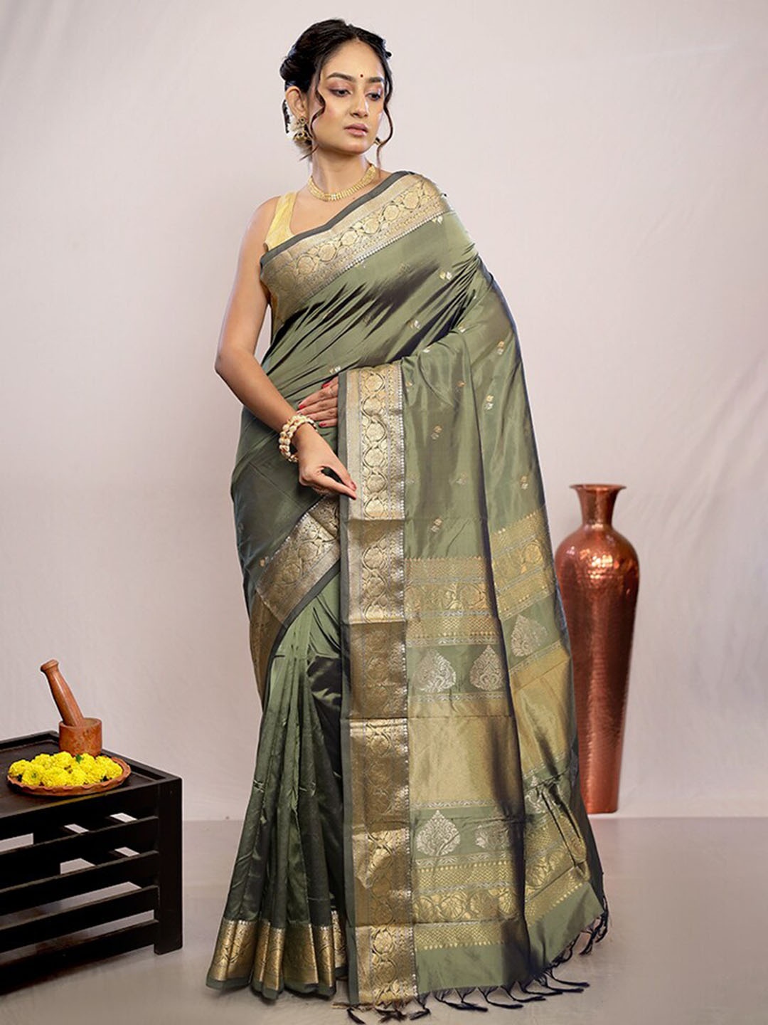 

AllSilks Ethnic Motifs Woven Design Zari Pure Silk Kanjeevaram Saree, Green