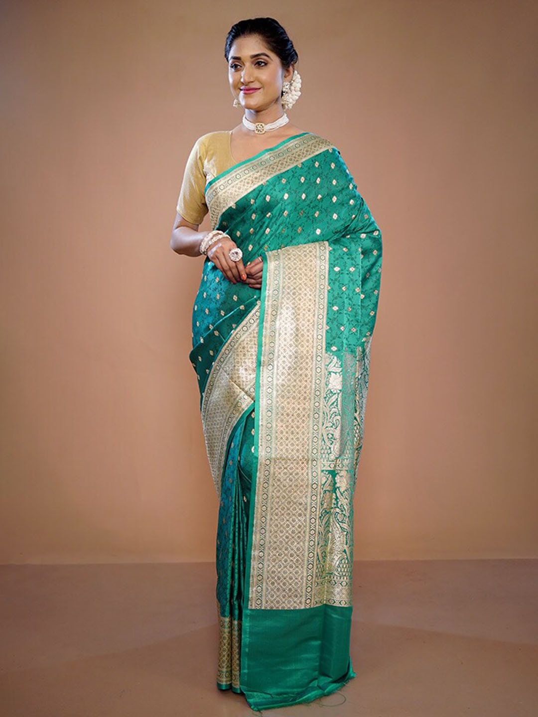 

AllSilks Ethnic Motifs Woven Design Zari Pure Silk Banarasi Saree, Green