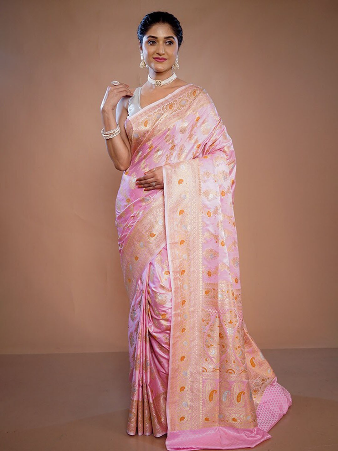 

AllSilks Ethnic Motifs Woven Design Zari Pure Silk Banarasi Saree, Pink