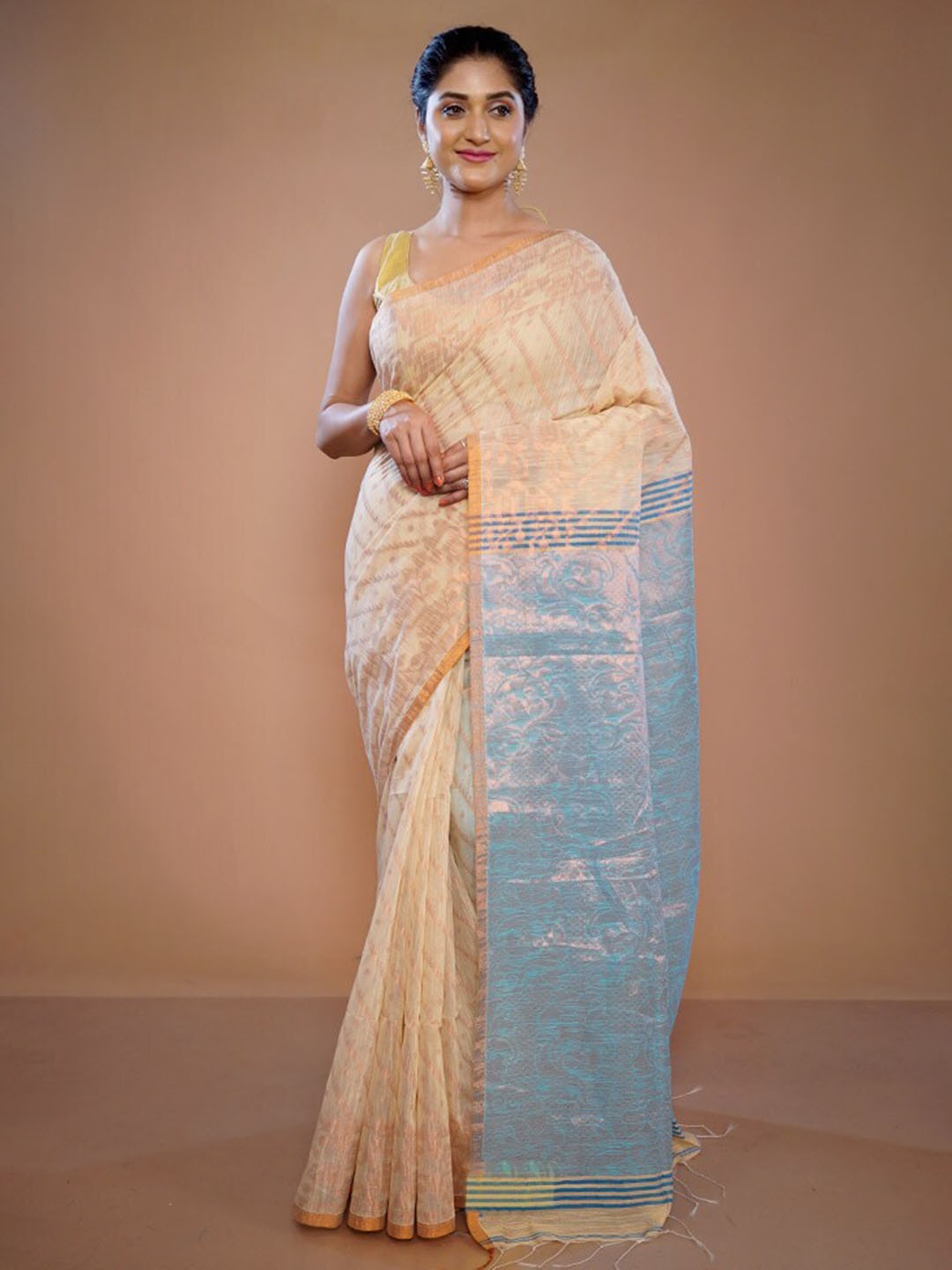

AllSilks Striped Woven Design Zari Pure Silk Saree, Cream