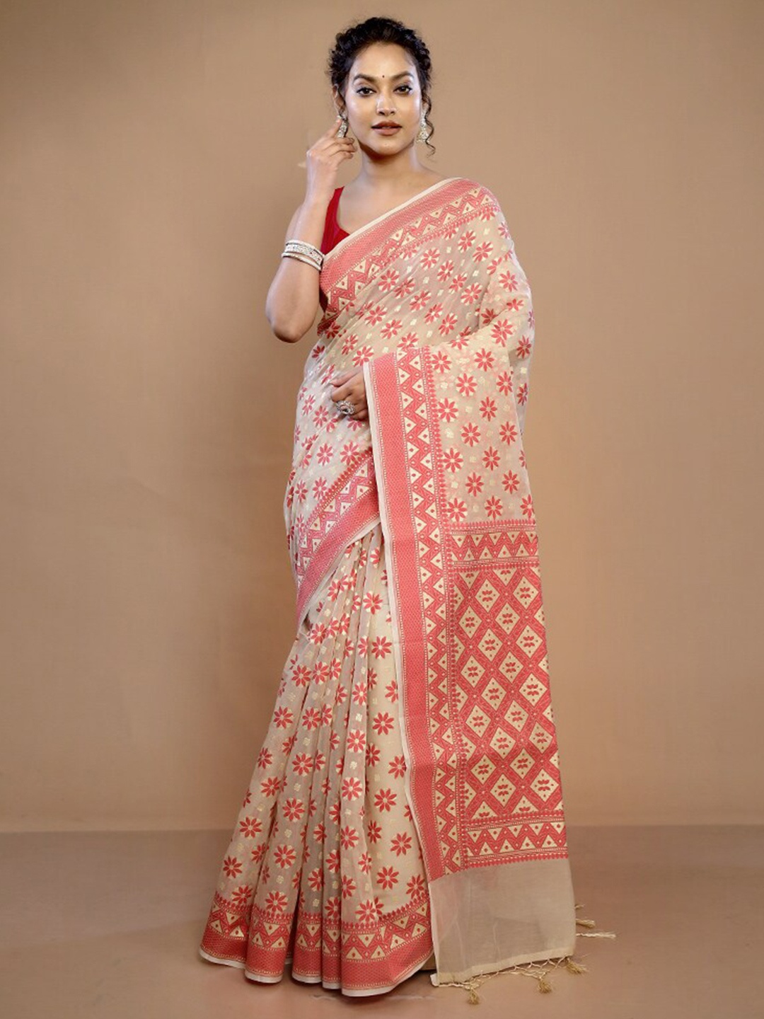 

AllSilks Floral Woven Design Zari Pure Silk Saree, Cream