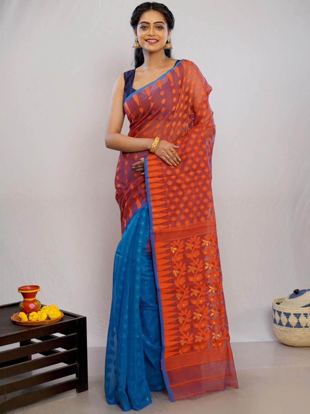 

AllSilks Ethnic Motifs Woven Design Pure Cotton Taant Saree, Orange