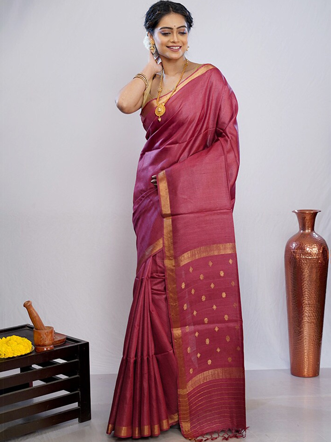 

AllSilks Ethnic Motifs Woven Design Zari Pure Silk Tussar Saree, Purple