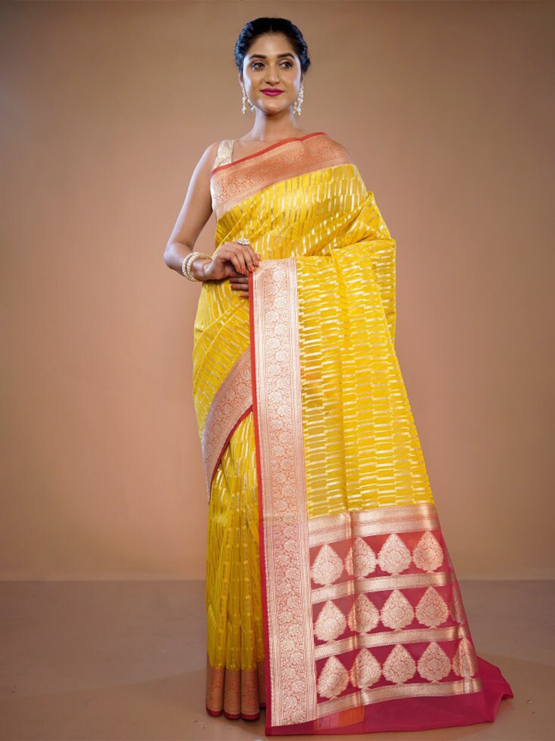 

AllSilks Striped Woven Design Zari Organza Saree, Yellow
