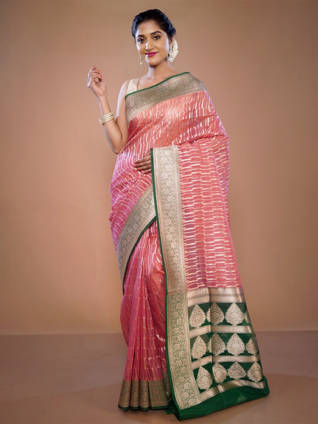 

AllSilks Striped Zari Organza Saree, Pink