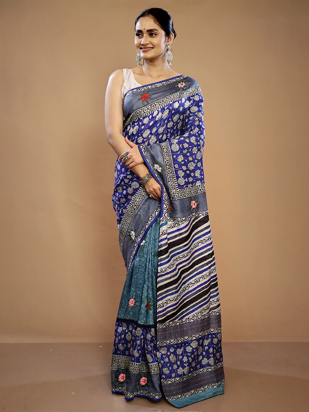 

AllSilks Floral Printed Pure Silk Tussar Saree, Blue