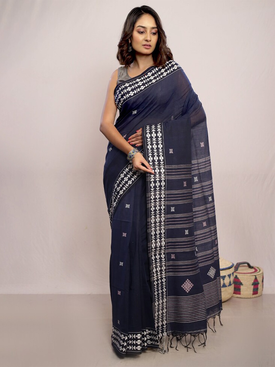 

AllSilks Floral Woven Design Pure Cotton Saree, Blue