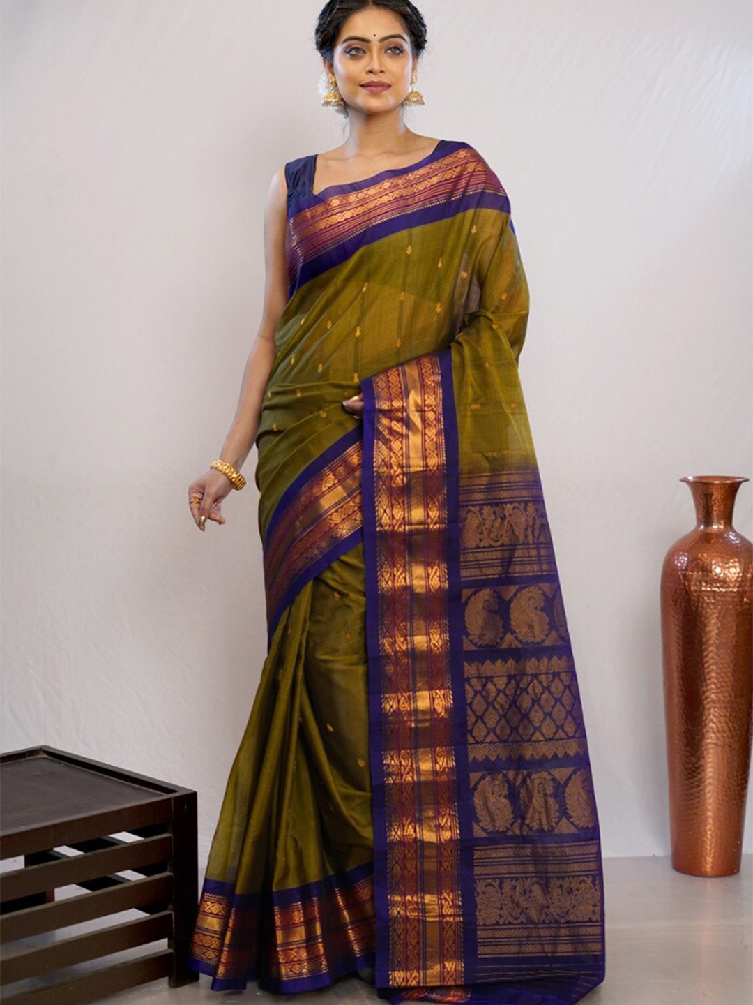 

AllSilks Ethnic Motifs Woven Design Zari Pure Silk Gadwal Saree, Green