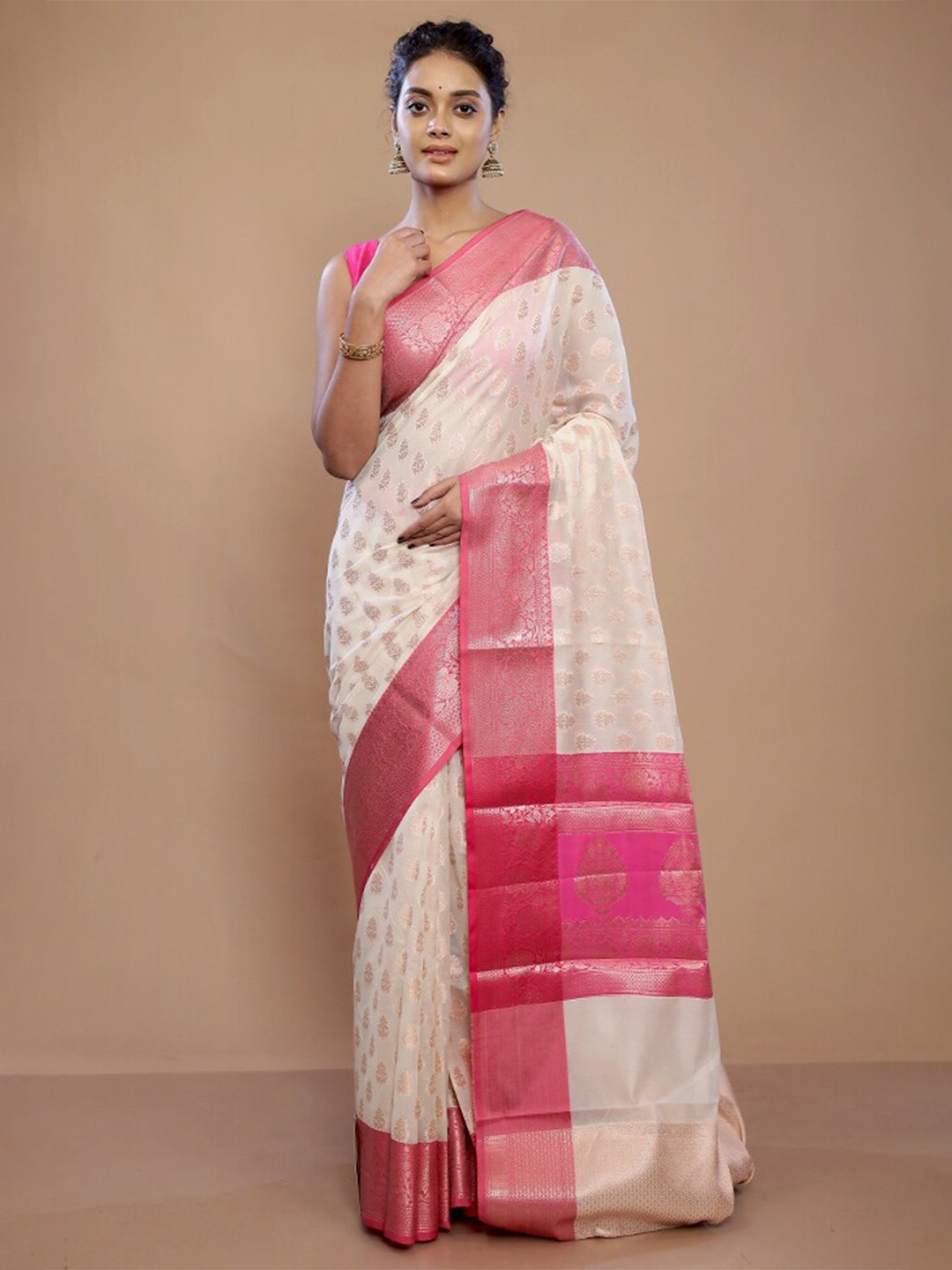 

AllSilks Floral Woven Design Zari Pure Silk Saree, Cream