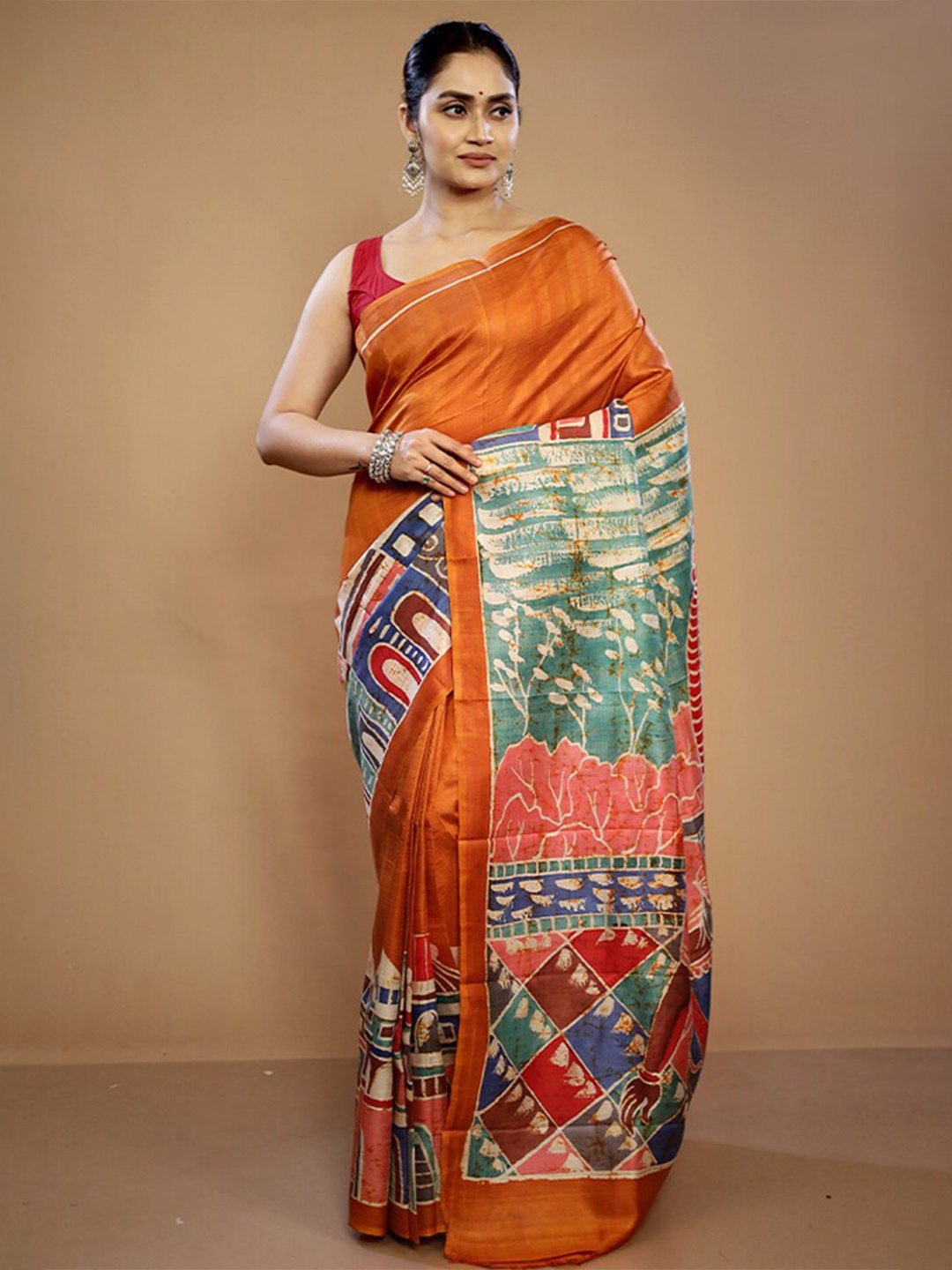 

AllSilks Woven Design Printed Pure Silk Murshidabad silk Saree, Orange