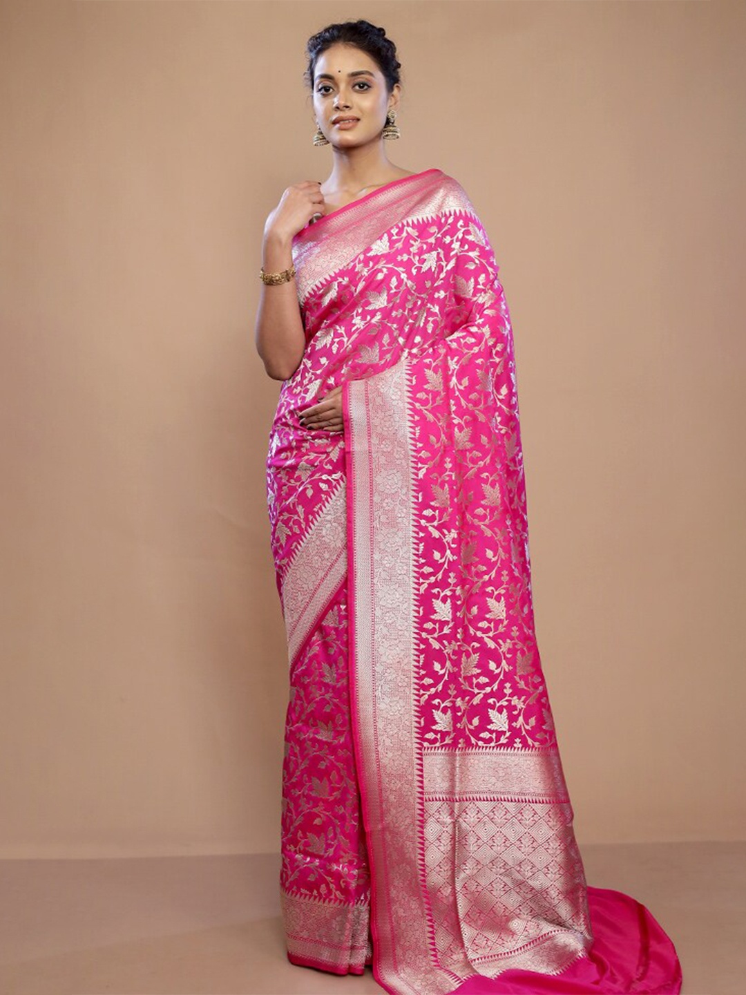 

AllSilks Floral Woven Design Zari Pure Silk Uppada Saree, Pink