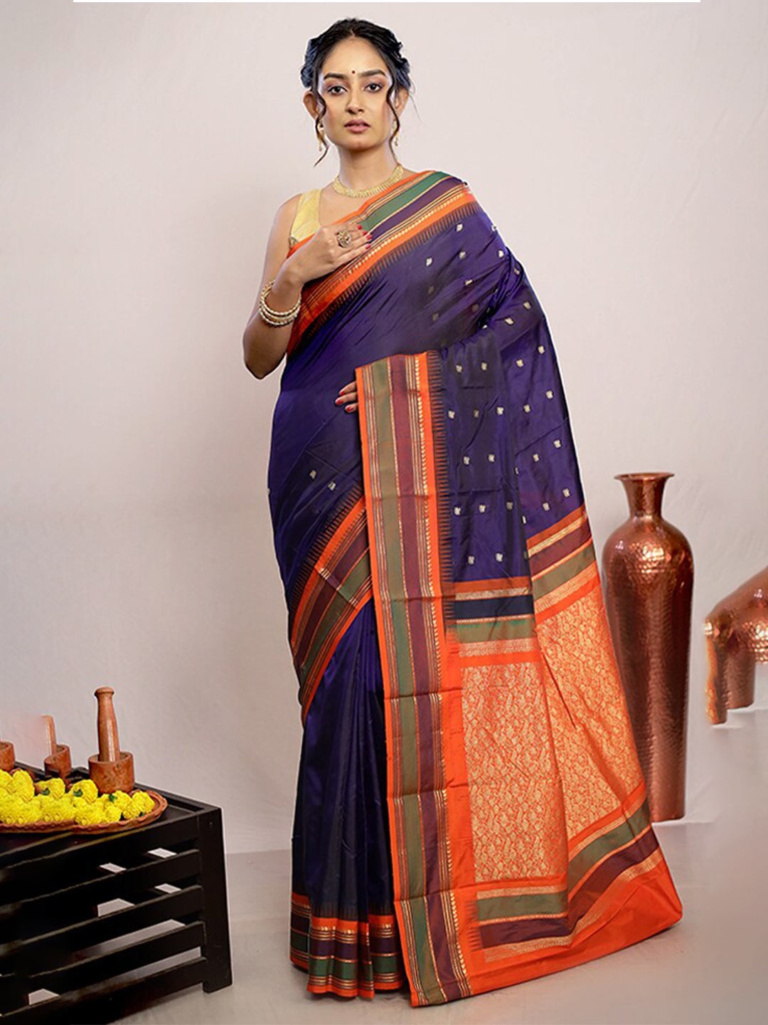 

AllSilks Woven Design Ethnic Motifs Zari Pure Silk Kanjeevaram Saree, Blue