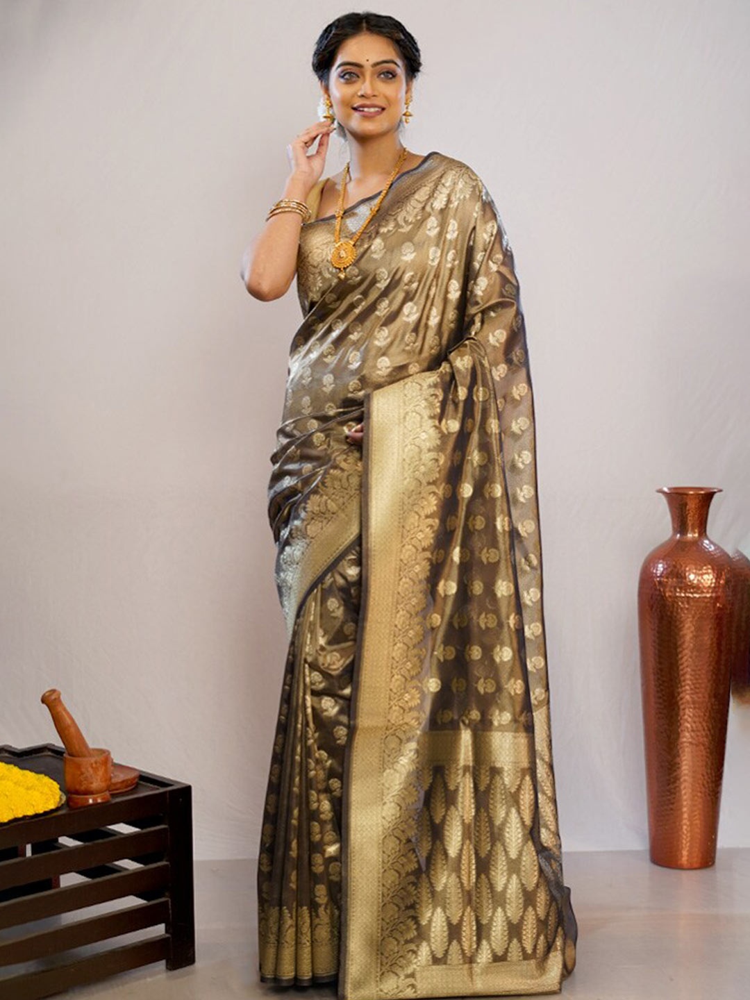 

AllSilks Ethnic Motifs Woven Design Zari Pure Silk Saree, Brown