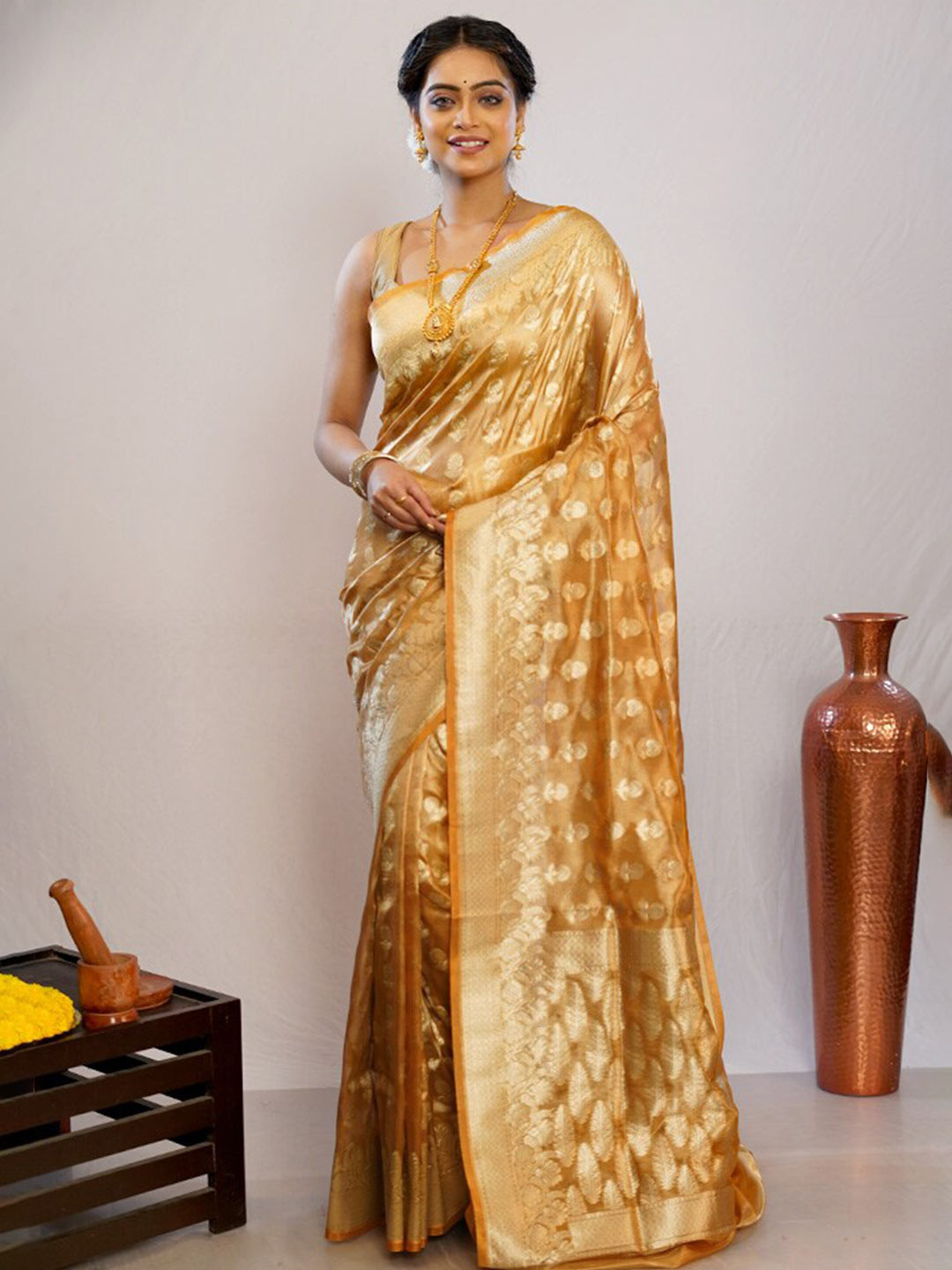 

AllSilks Ethnic Motifs Woven Design Zari Pure Silk Saree, Gold