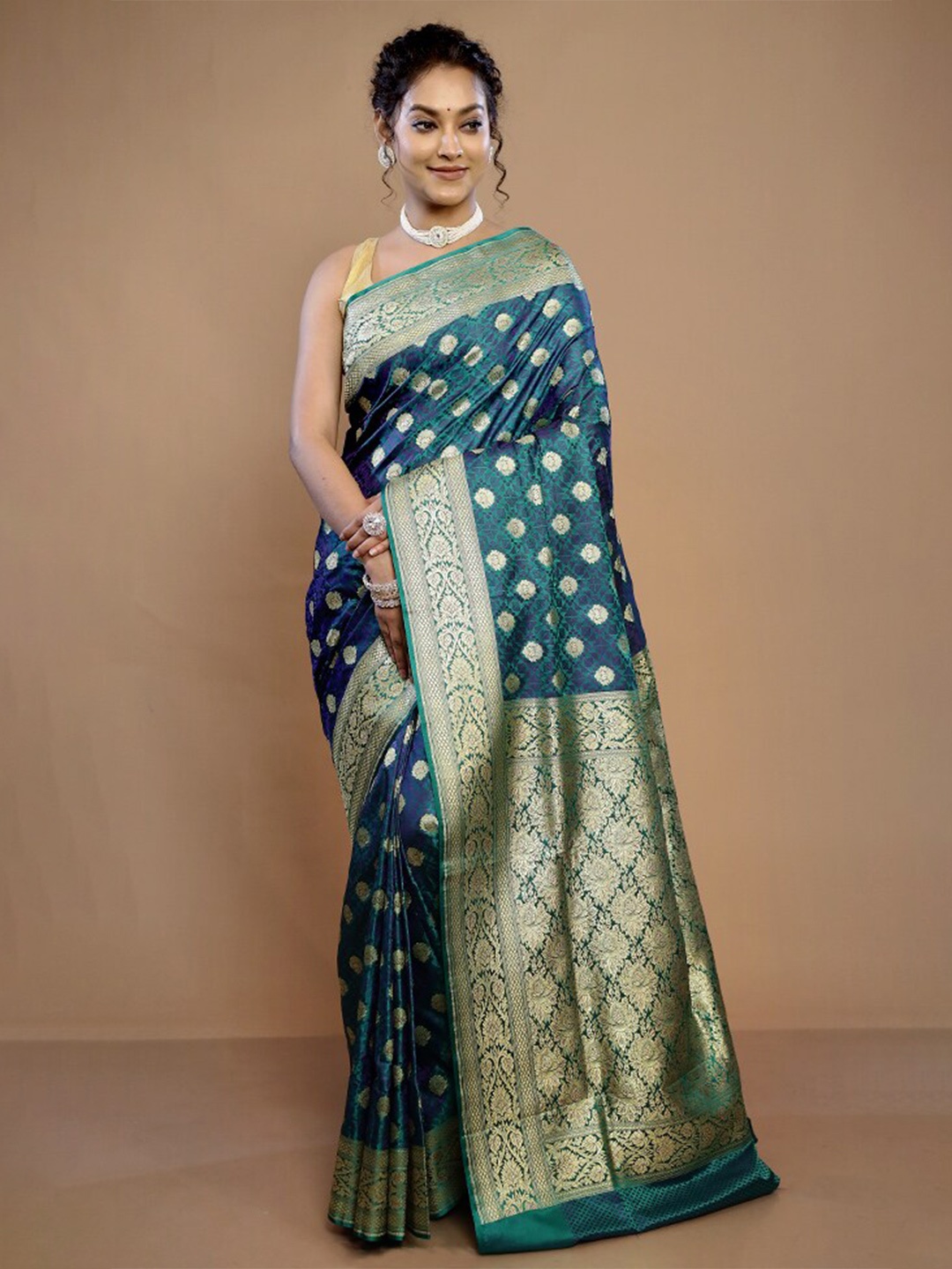 

AllSilks Ethnic Motifs Woven Design Zari Pure Silk Banarasi Saree, Blue