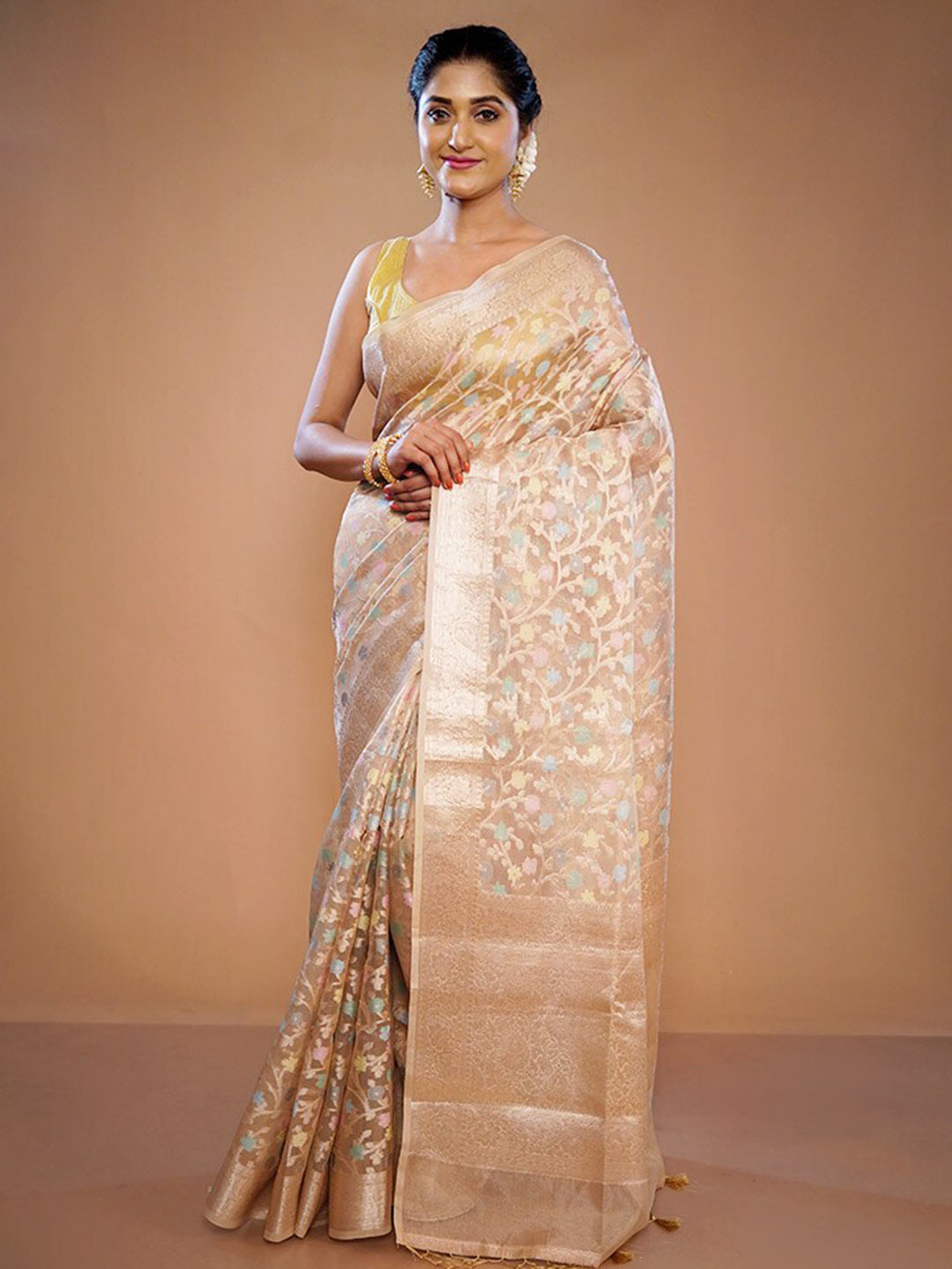 

AllSilks Ethnic Motifs Woven Design Zari Pure Silk Saree, Cream