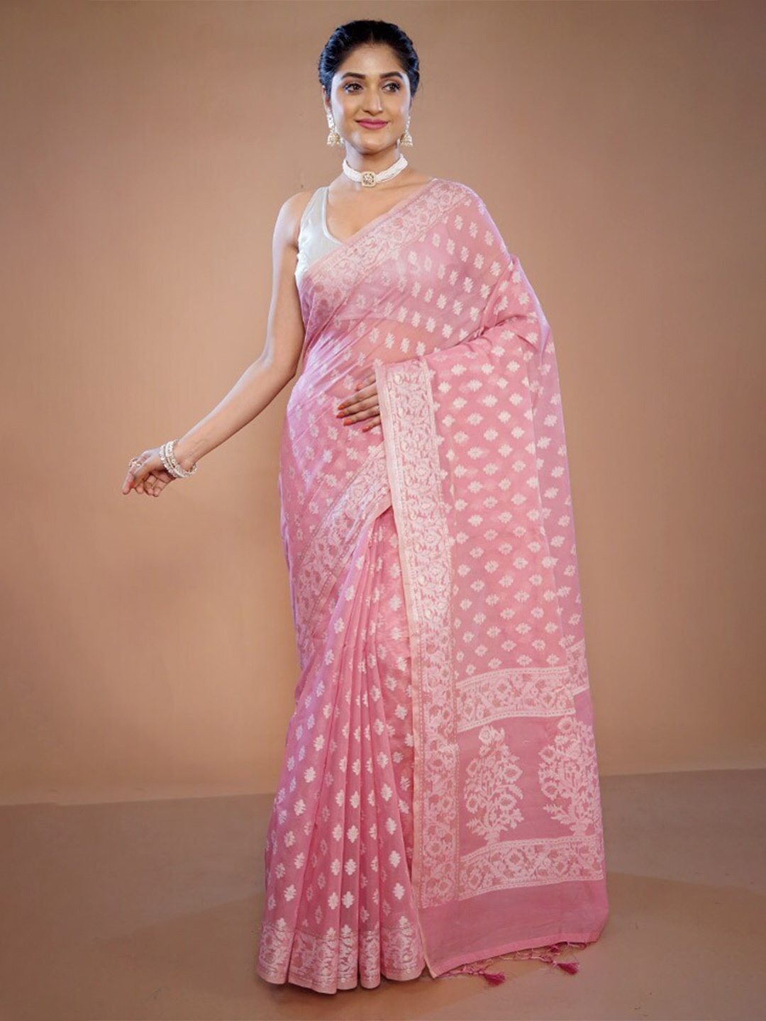 

AllSilks Ethnic Motifs Woven Design Zari Pure Silk Saree, Pink