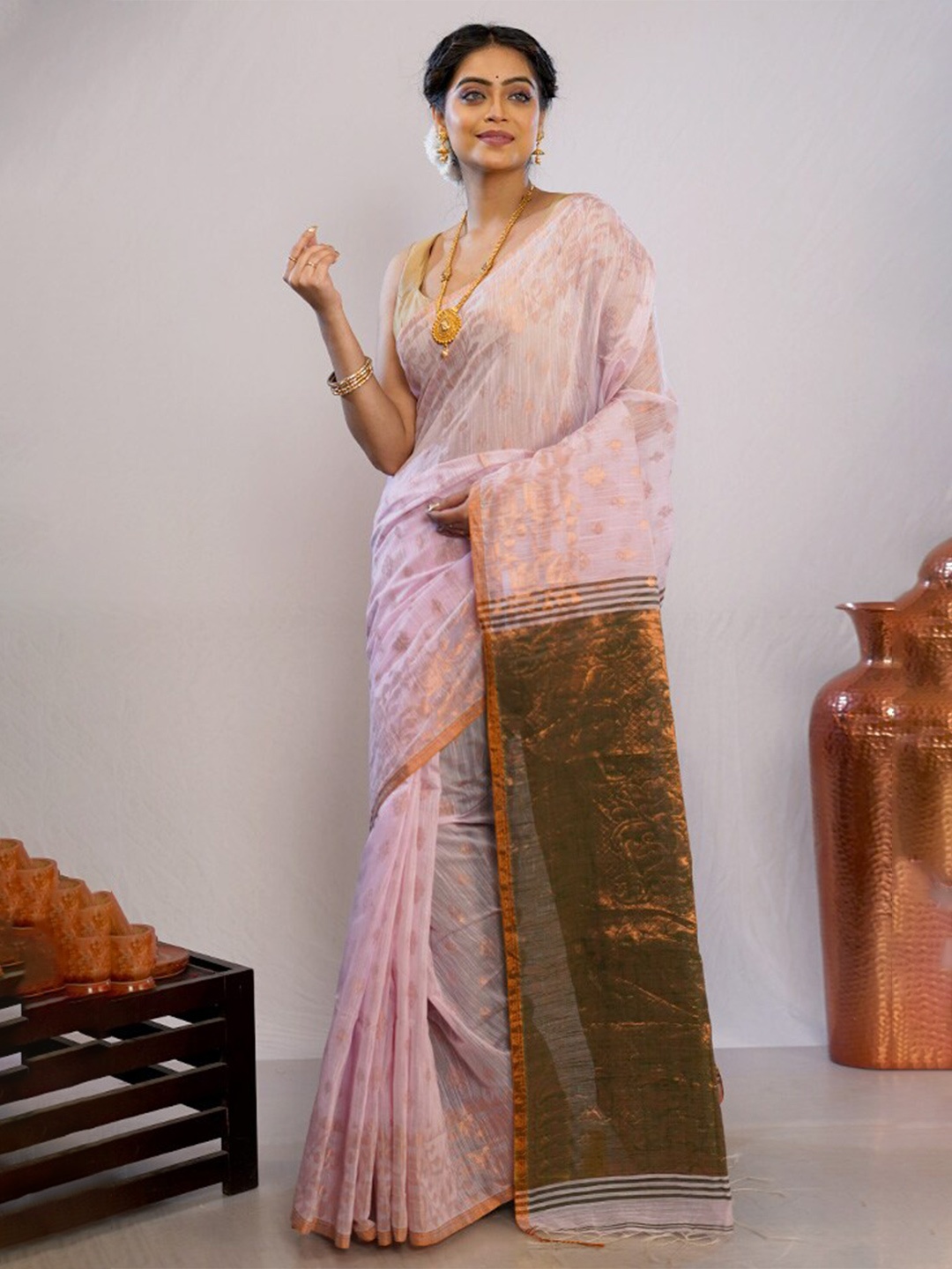 

AllSilks Ethnic Motifs Woven Design Zari Pure Silk Saree, Pink