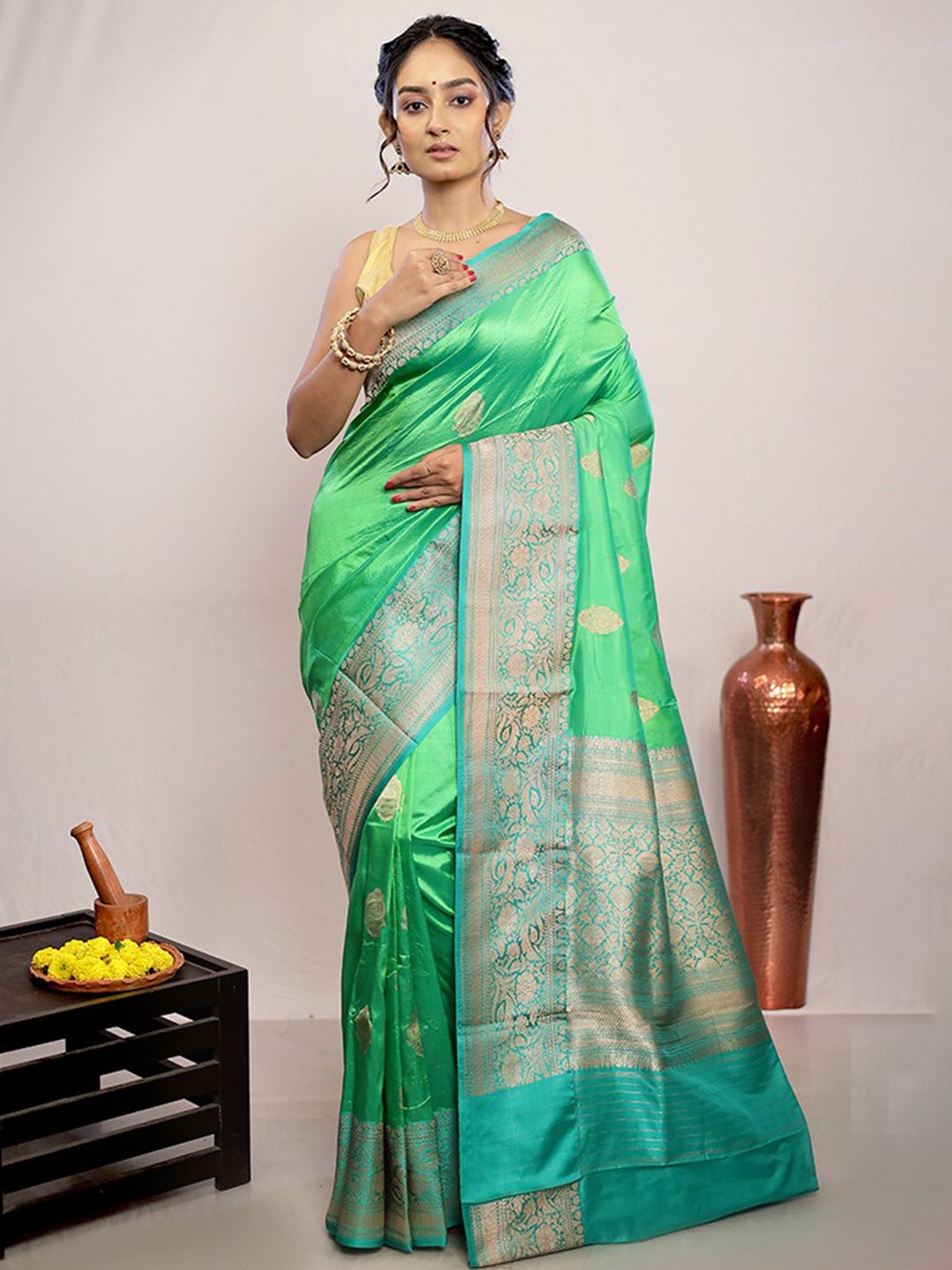 

AllSilks Ethnic Motifs Woven Design Zari Pure Silk Saree, Green