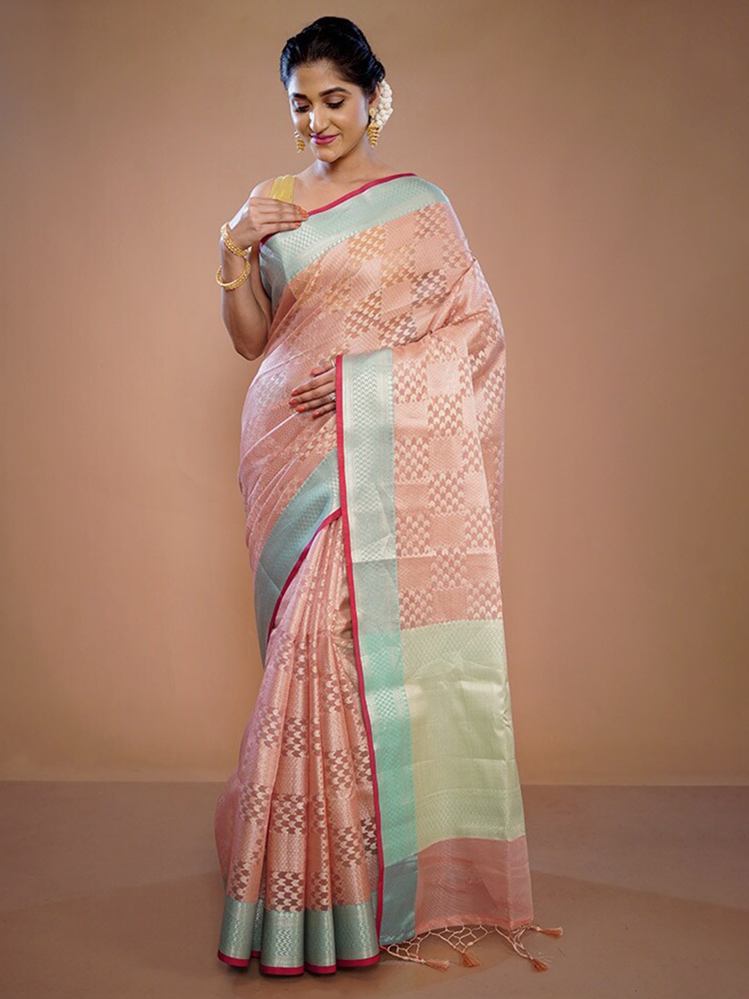 

AllSilks Ethnic Motifs Woven Design Zari Pure Silk Saree, Pink