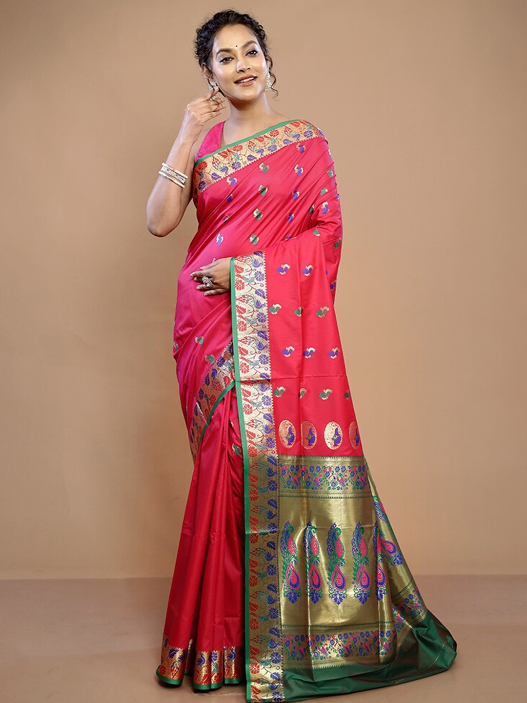 

AllSilks Ethnic Woven Design Zari Pure Silk Kanjeevaram Saree, Pink