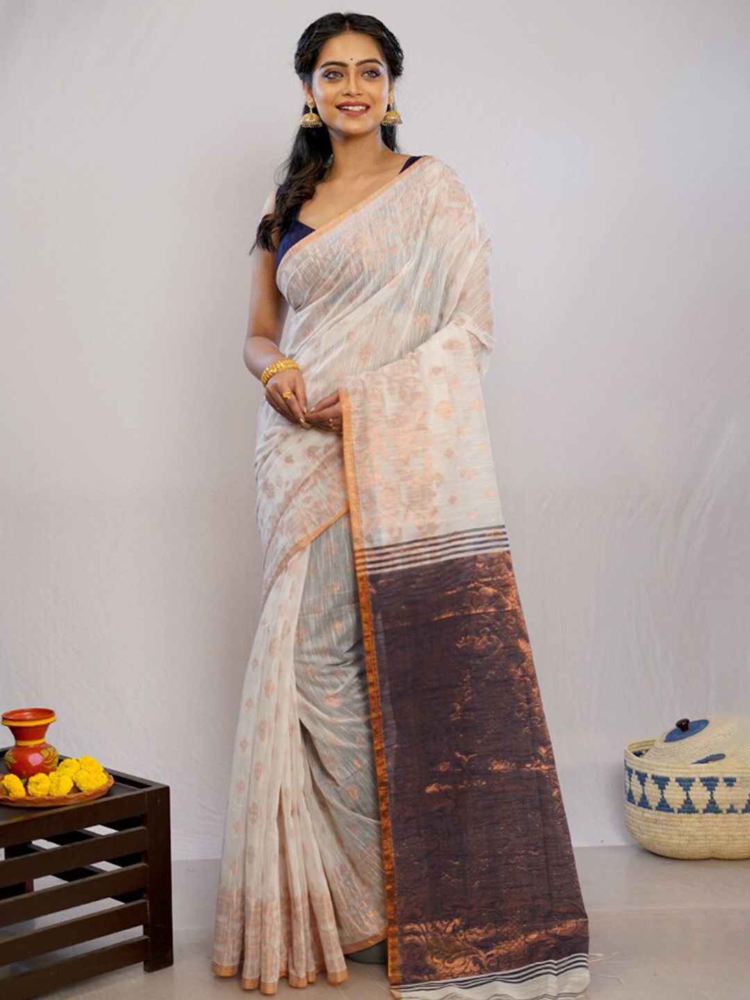 

AllSilks Floral Zari Pure Silk Saree, Cream