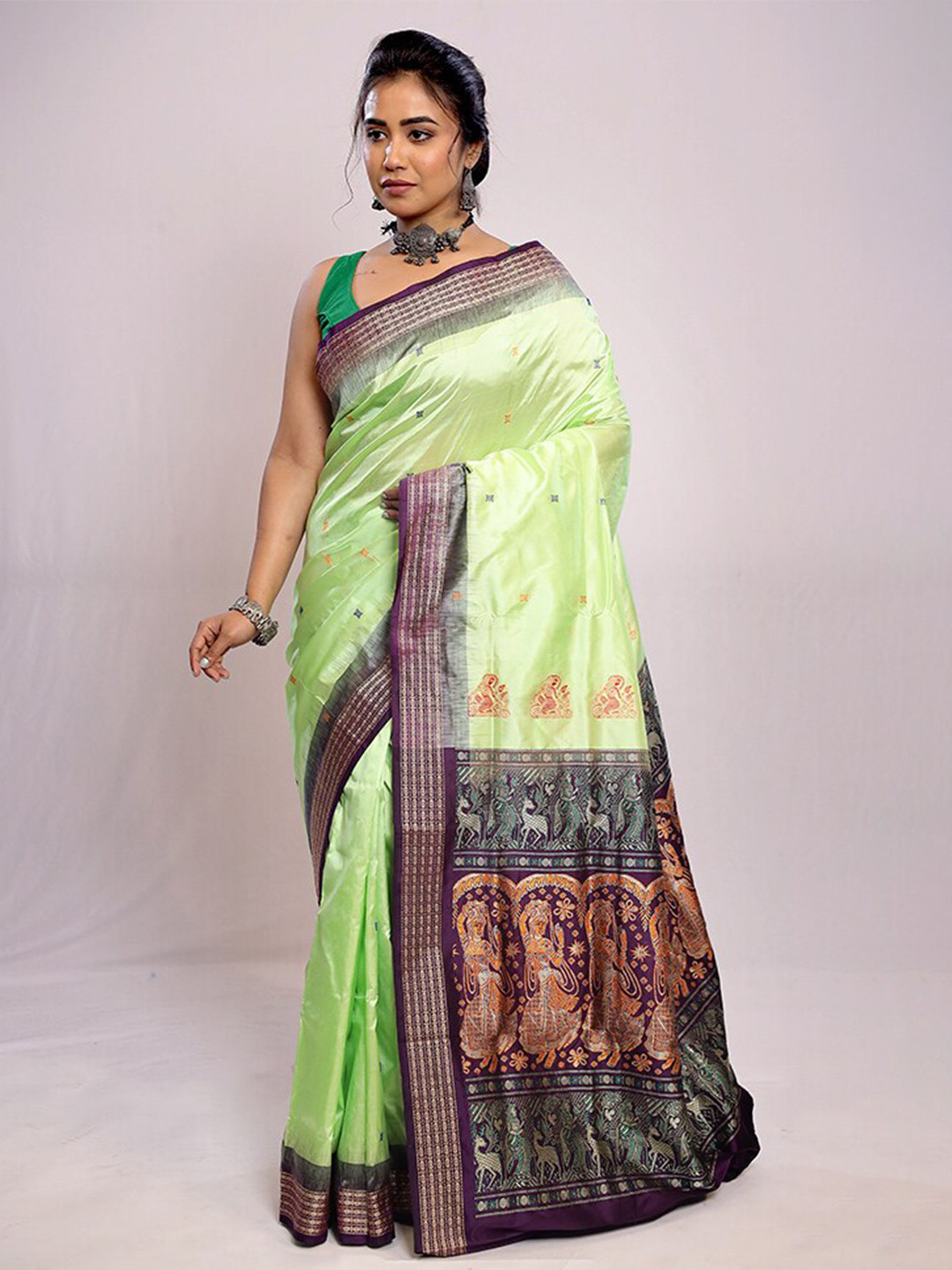 

AllSilks Ethnic Motifs Woven Design Zari Pure Silk Bomkai silk Saree, Green