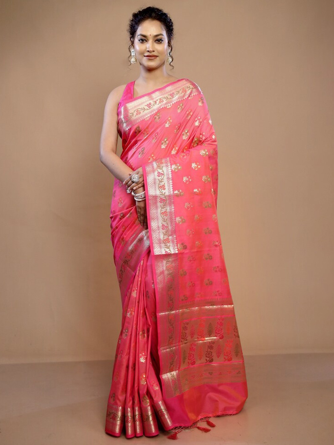 

AllSilks Ethnic Motifs Woven Design Pure Silk Zari Saree, Pink