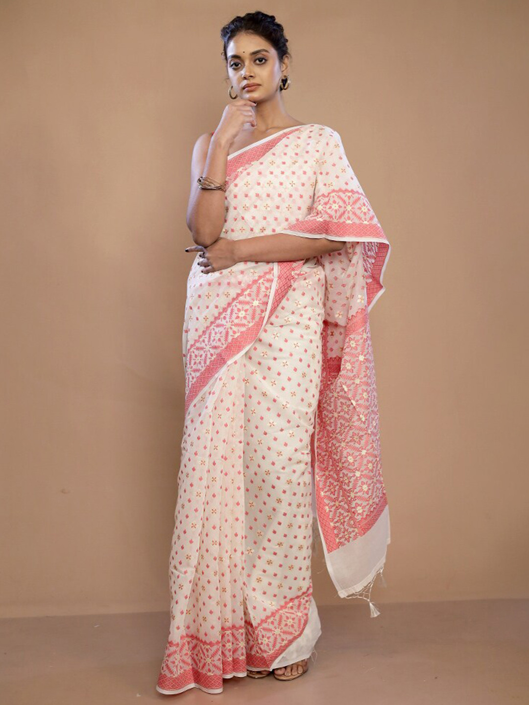 

AllSilks Ethnic Woven Design Zari Pure Silk Saree, Cream