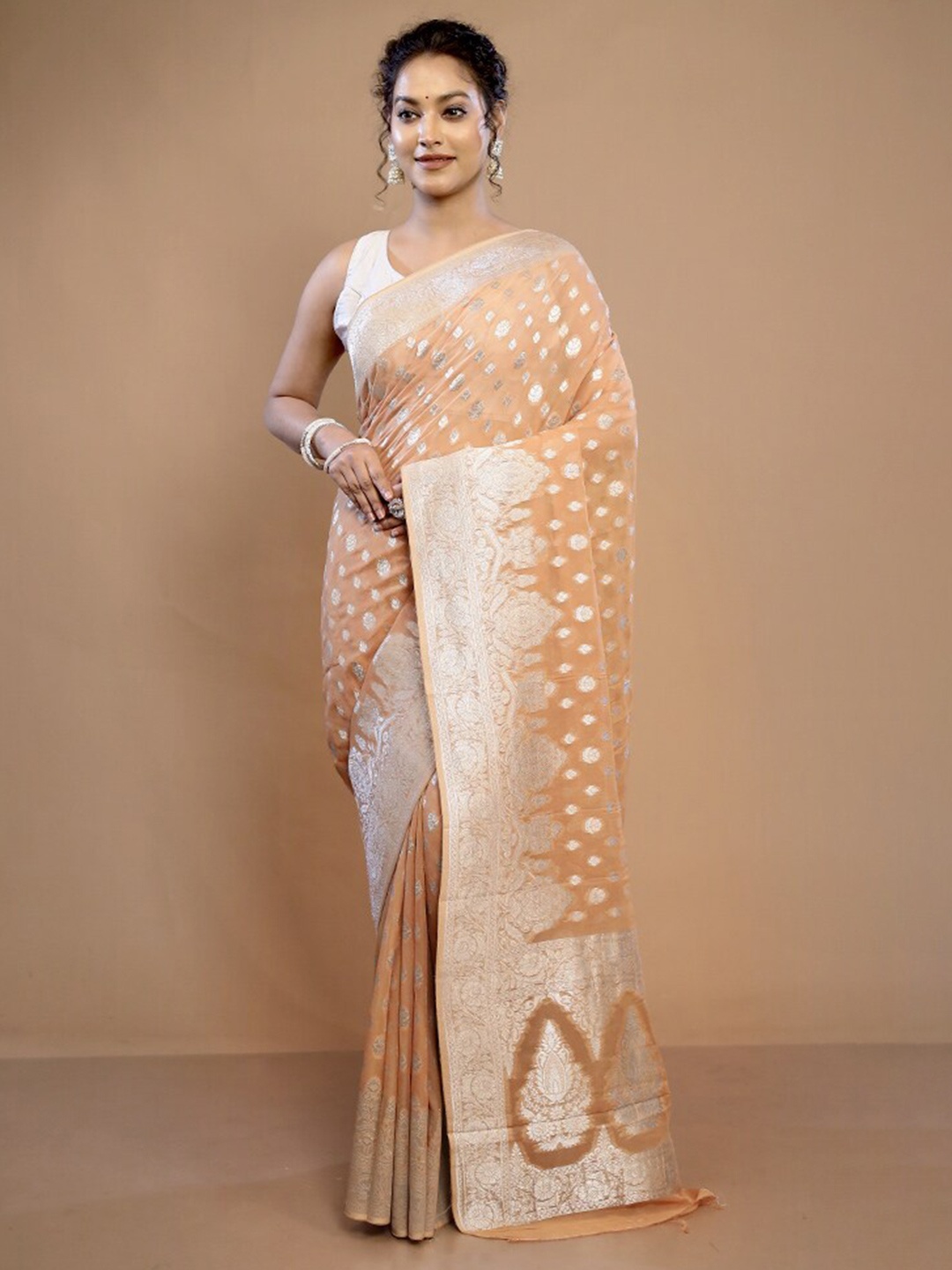 

AllSilks Ethnic Motifs Woven Design Zari Pure Georgette Saree, Peach