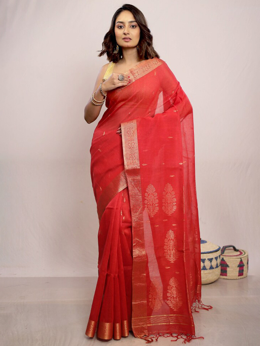 

AllSilks Ethnic Motifs Woven Design Zari Pure Silk Saree, Red