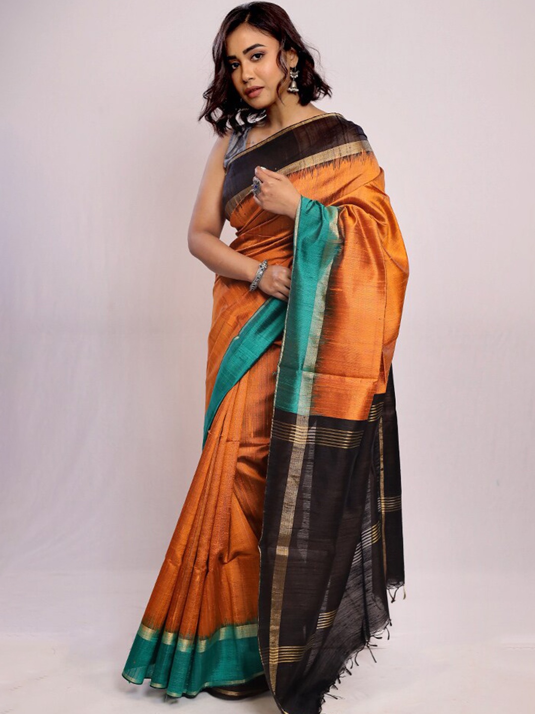 

AllSilks Zari Pure Silk Tussar Saree, Black