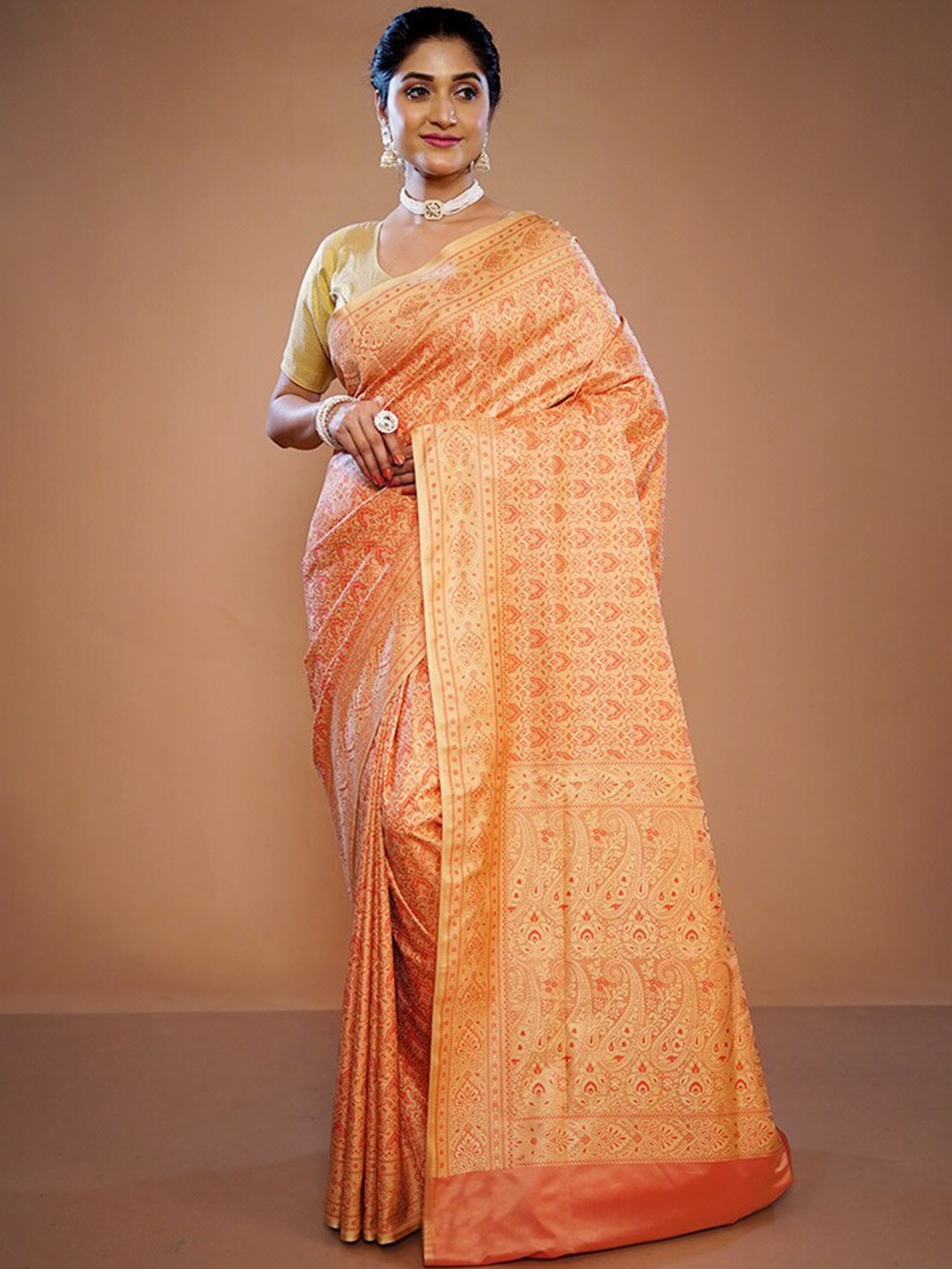 

AllSilks Ethnic Motifs Zari Pure Silk Banarasi Saree, Orange