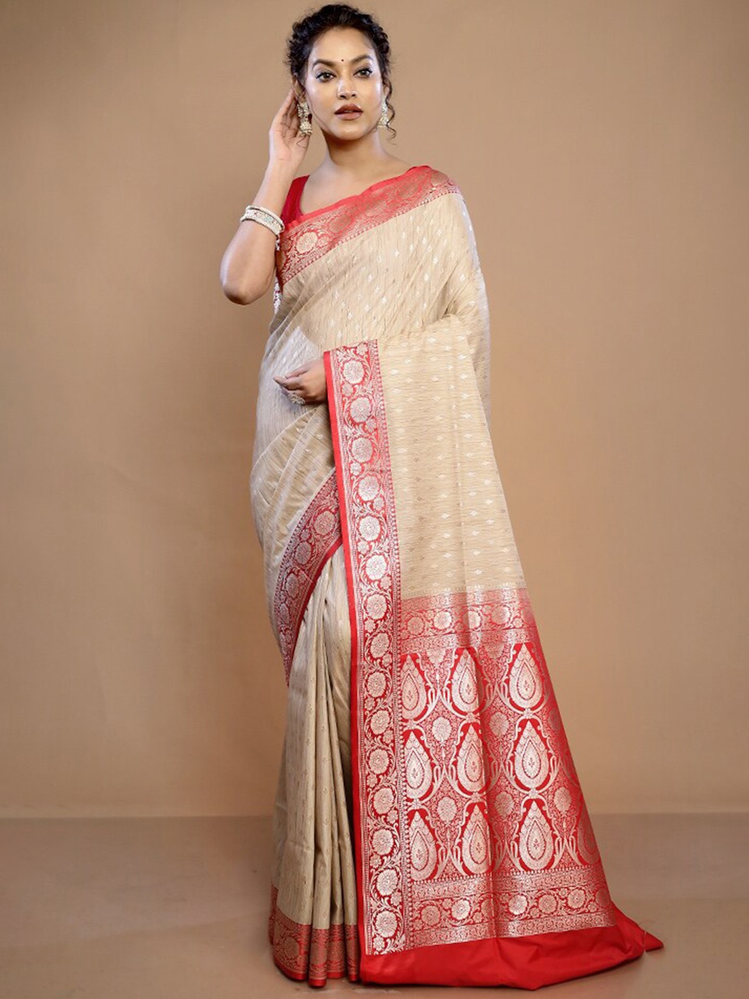 

AllSilks Ethnic Motifs Woven Design Zari Pure Silk Tussar Saree, Cream