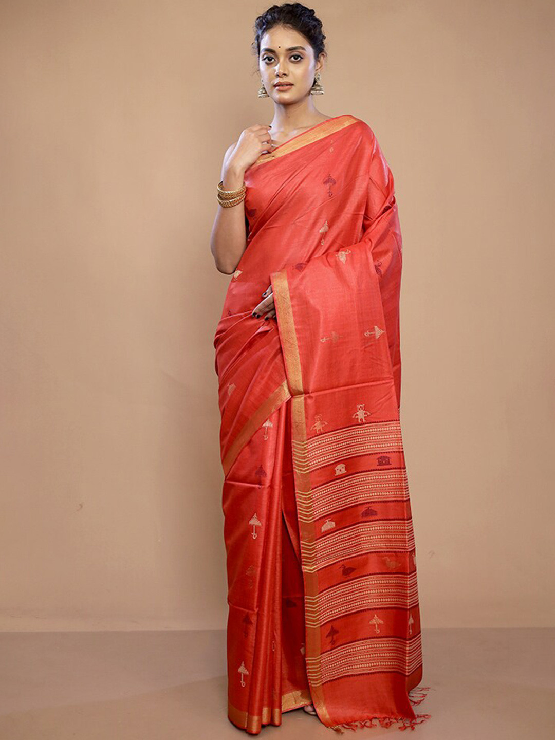 

AllSilks Ethnic Woven Design Zari Pure Silk Tussar Saree, Red