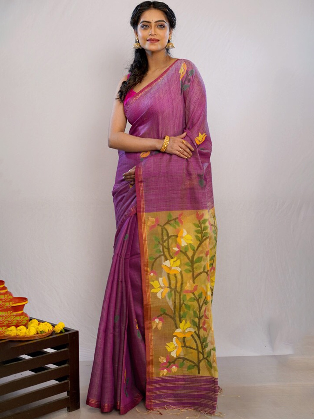 

AllSilks Ethnic Motifs Woven Design Zari Pure Silk Saree, Pink