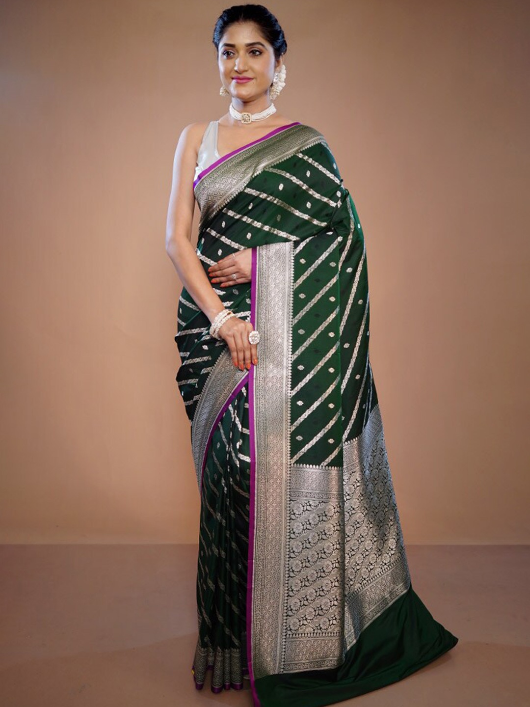 

AllSilks Striped Woven Design Zari Pure Silk Uppada Saree, Green