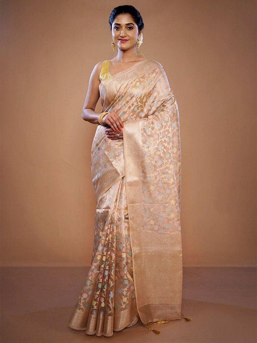 

AllSilks Floral Zari Pure Silk Saree, Cream