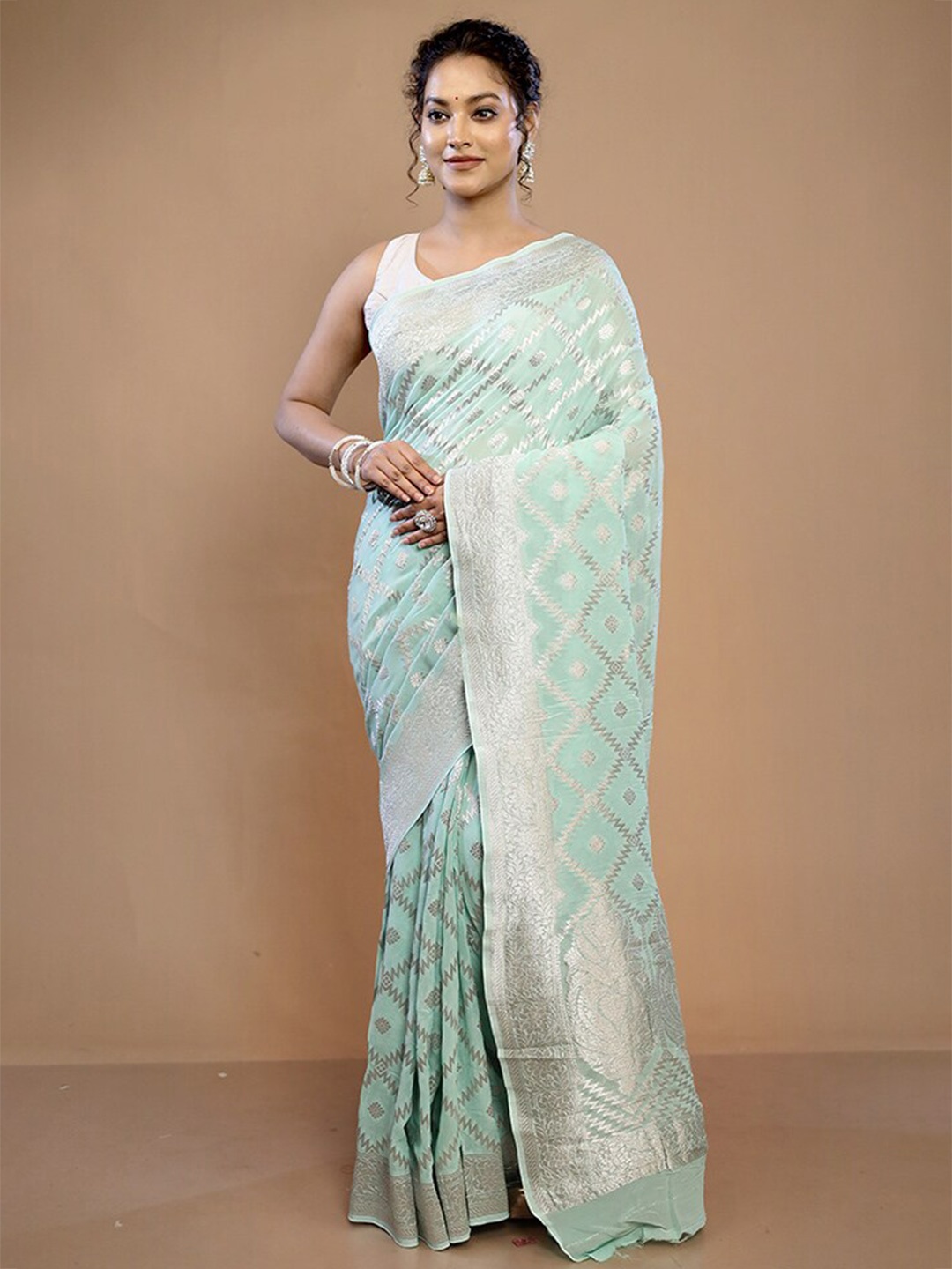 

AllSilks Ethnic Motifs Woven Design Zari Pure Georgette Saree, Green