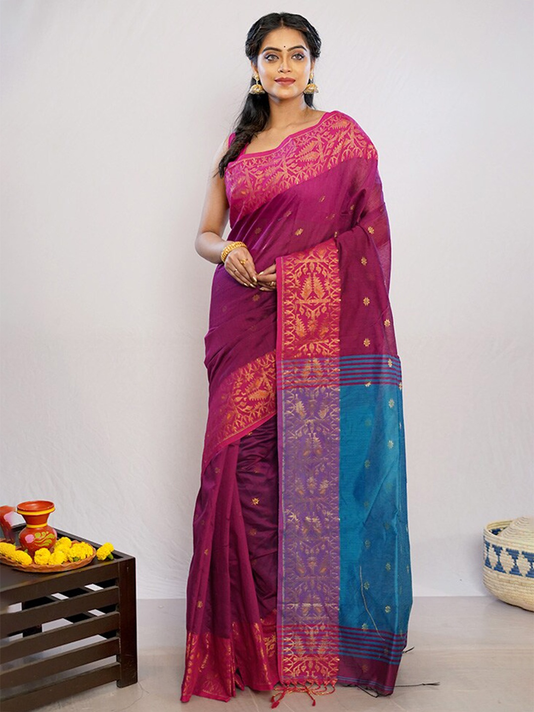 

AllSilks Ethnic Motifs Woven Design Zari Pure Silk Saree, Pink