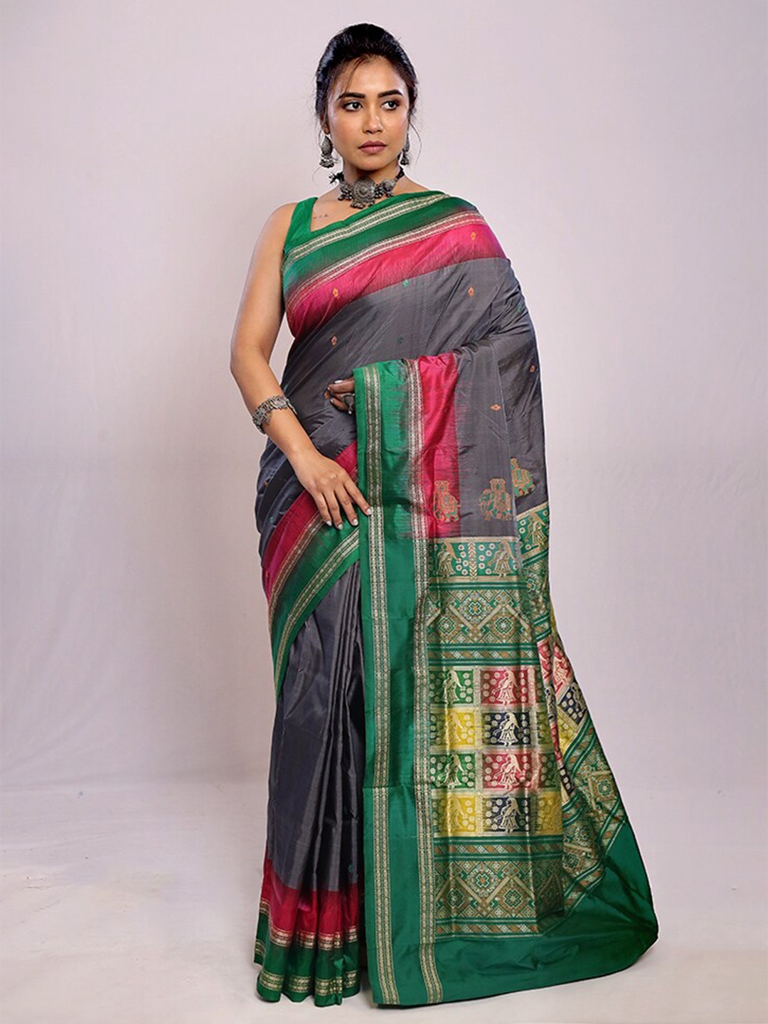 

AllSilks Ethnic Motifs Woven Design Pure Silk Bomkai silk Saree, Grey
