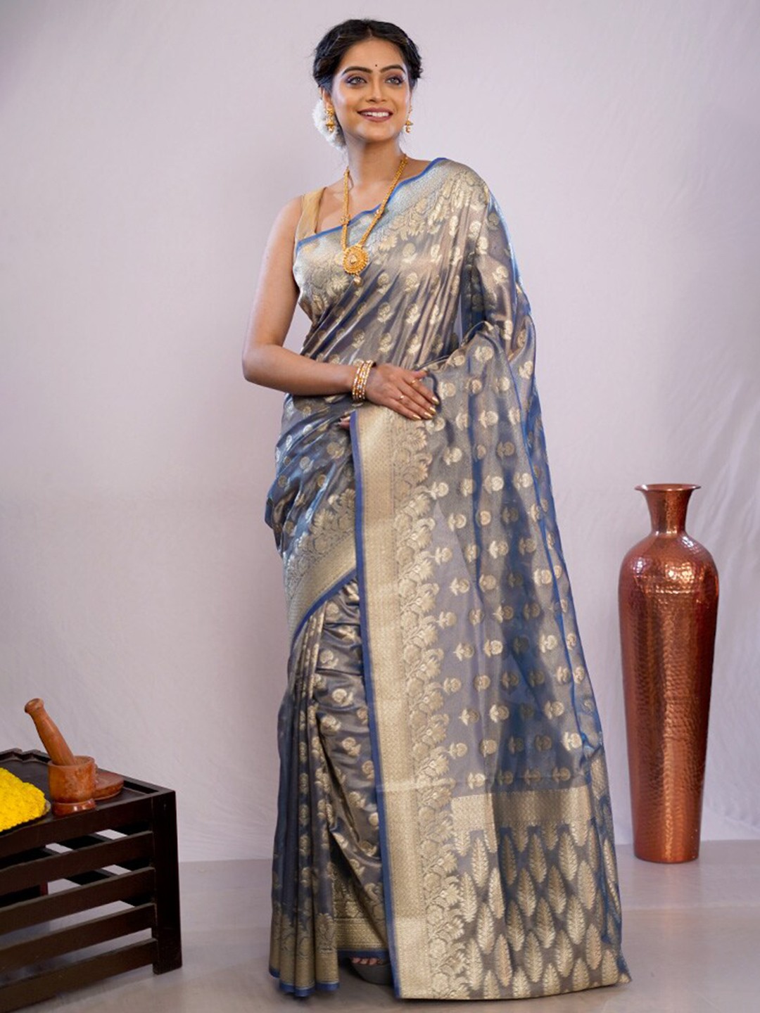 

AllSilks Ethnic Motifs Woven Design Zari Pure Silk Saree, Grey