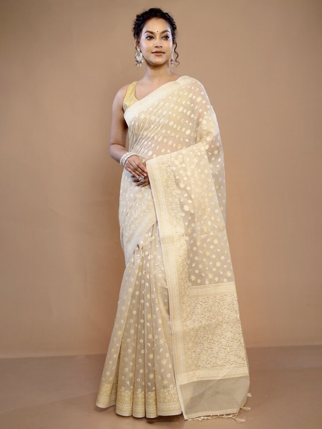 

AllSilks Ethnic Motifs Woven Design Pure Silk Saree, Cream