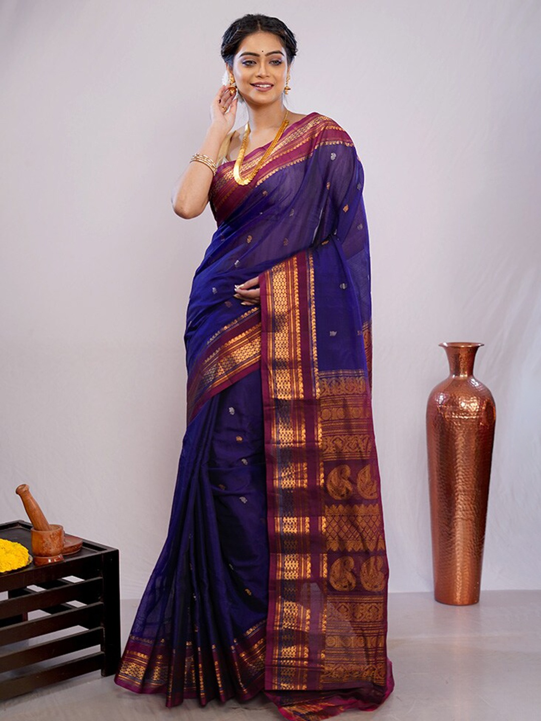 

AllSilks Ethnic Motifs Woven Design Zari Pure Silk Gadwal Saree, Blue